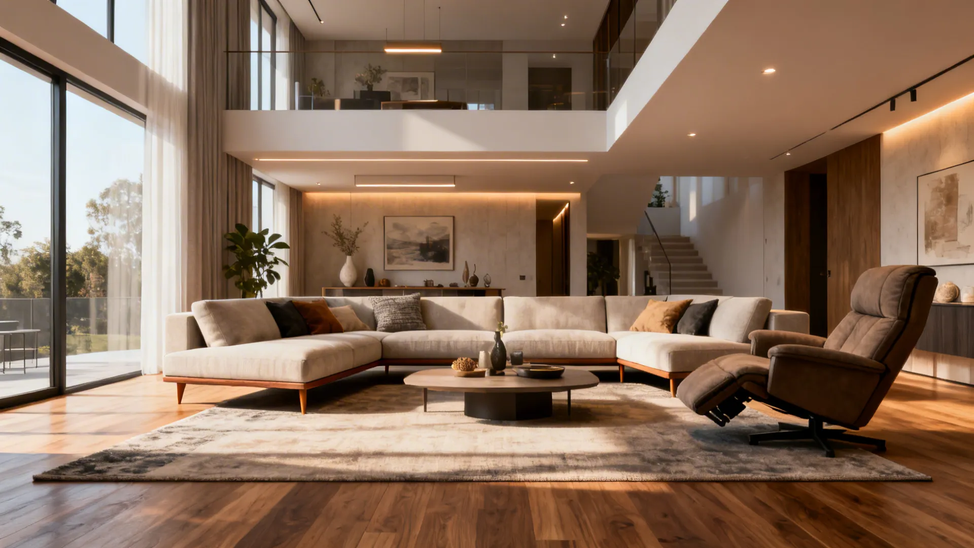 Open-plan loft with a floating sectional and an angled recliner forming a cozy conversation zone on a central rug.