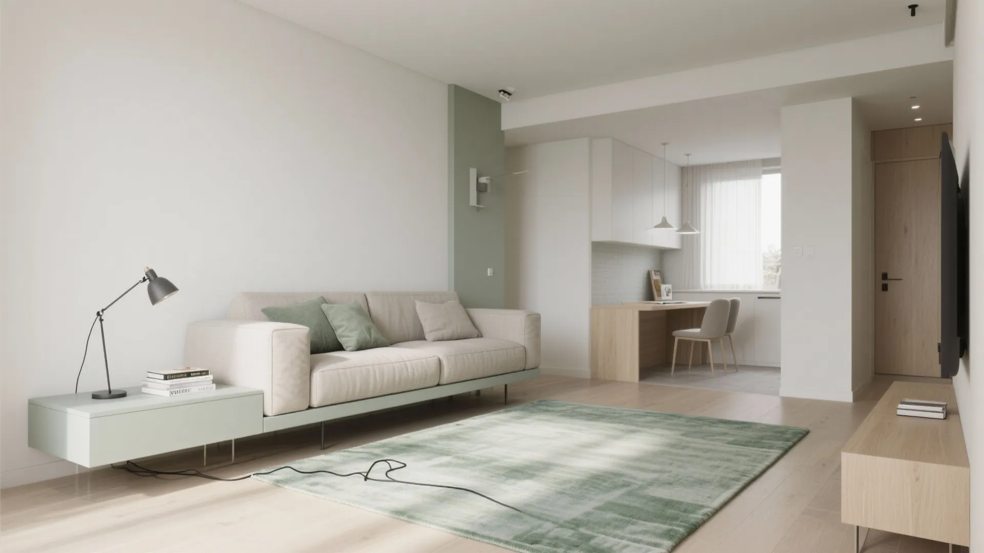 Floating sectional with a slim console creates living and work zones.