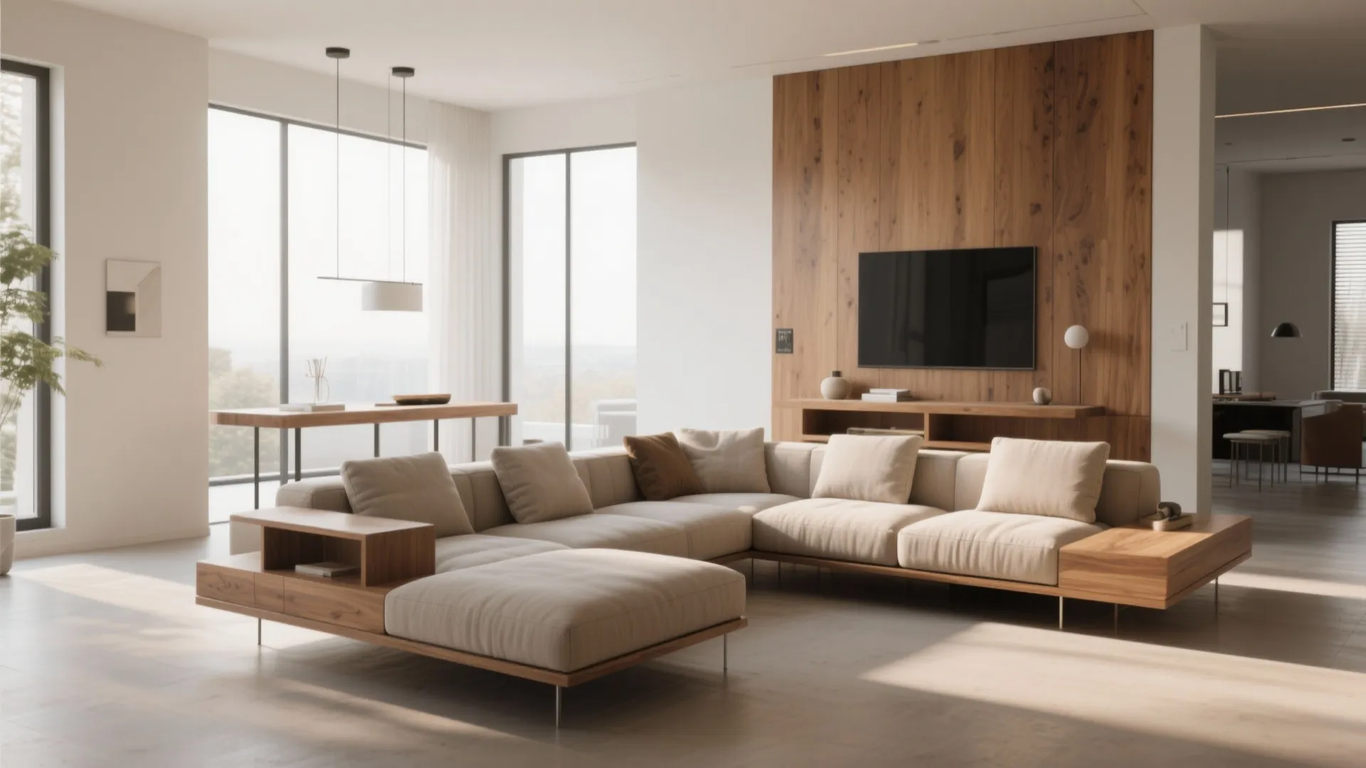 Floating sectional sofa with console table in open-plan room
