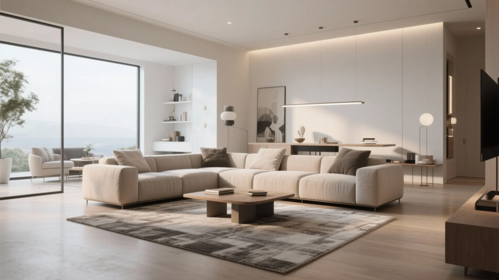 Modern open living room with large beige sofa wooden floor grey rug and natural light