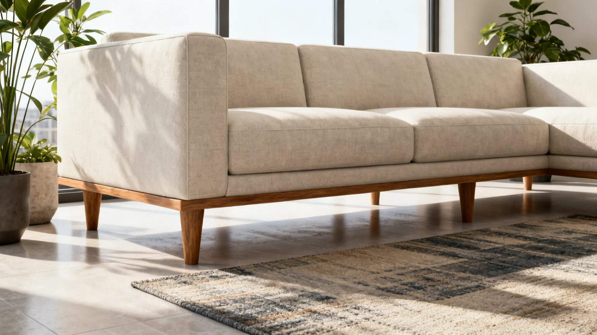 Raised sectional on legs showing floor visible beneath and a low rug anchoring the space.