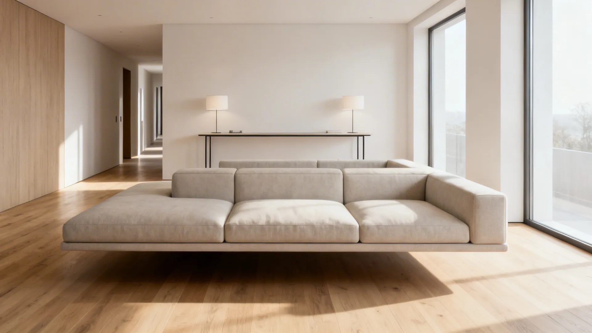 Modern minimalist living room with beige floating sofa wooden floor console table and large windows