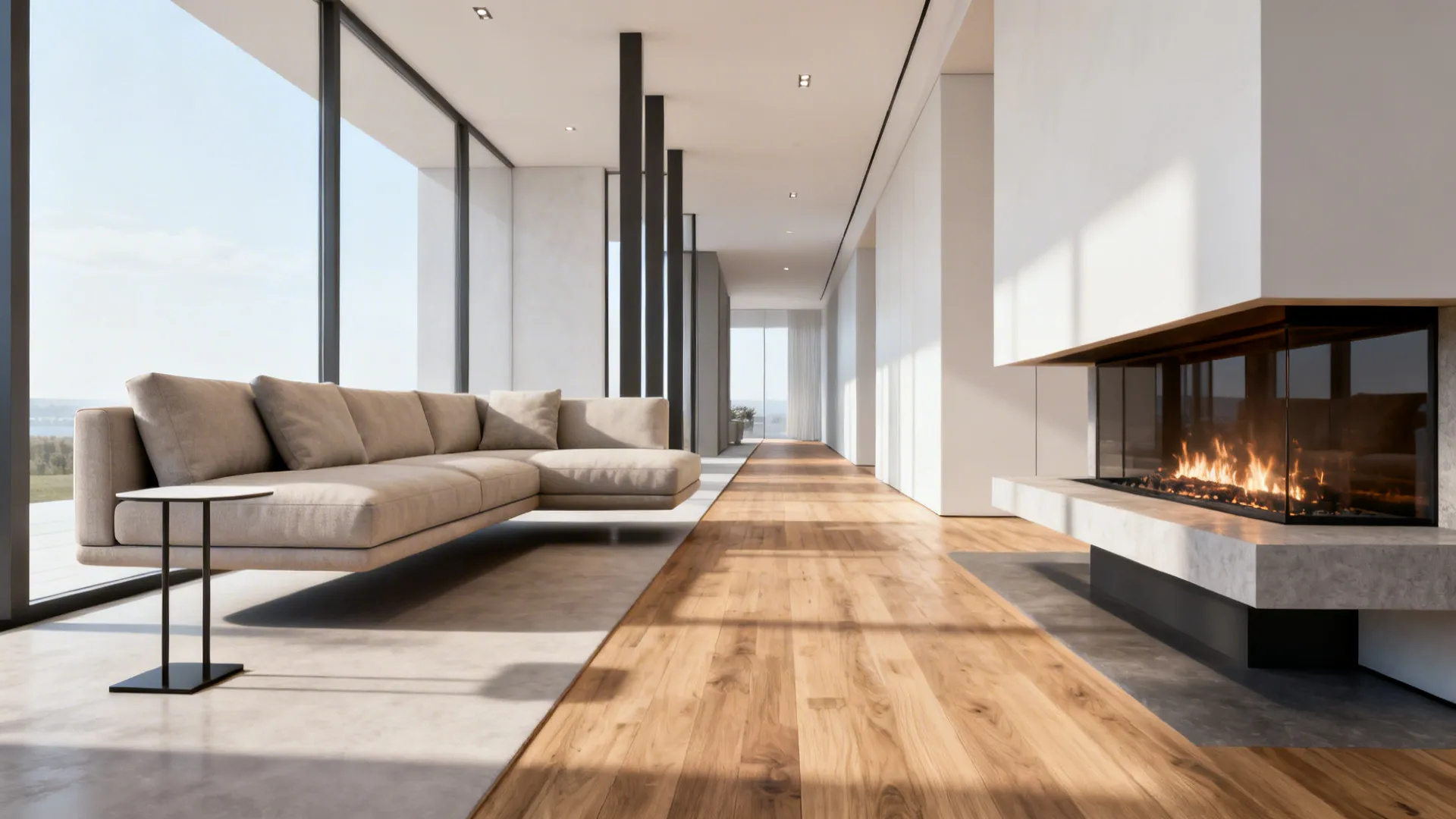 Sectional sofa floated away from the hearth with a clear walkway and a slim side table defining circulation.