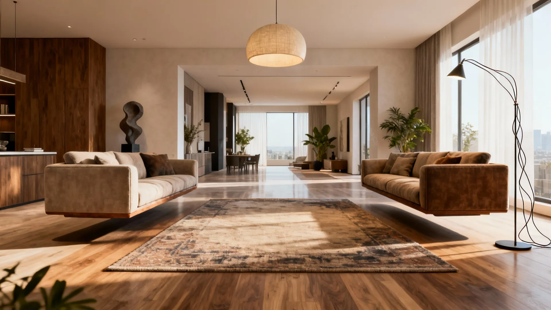 Open-plan space with two floated sectionals anchored by a rug and pendant light to define a living area.
