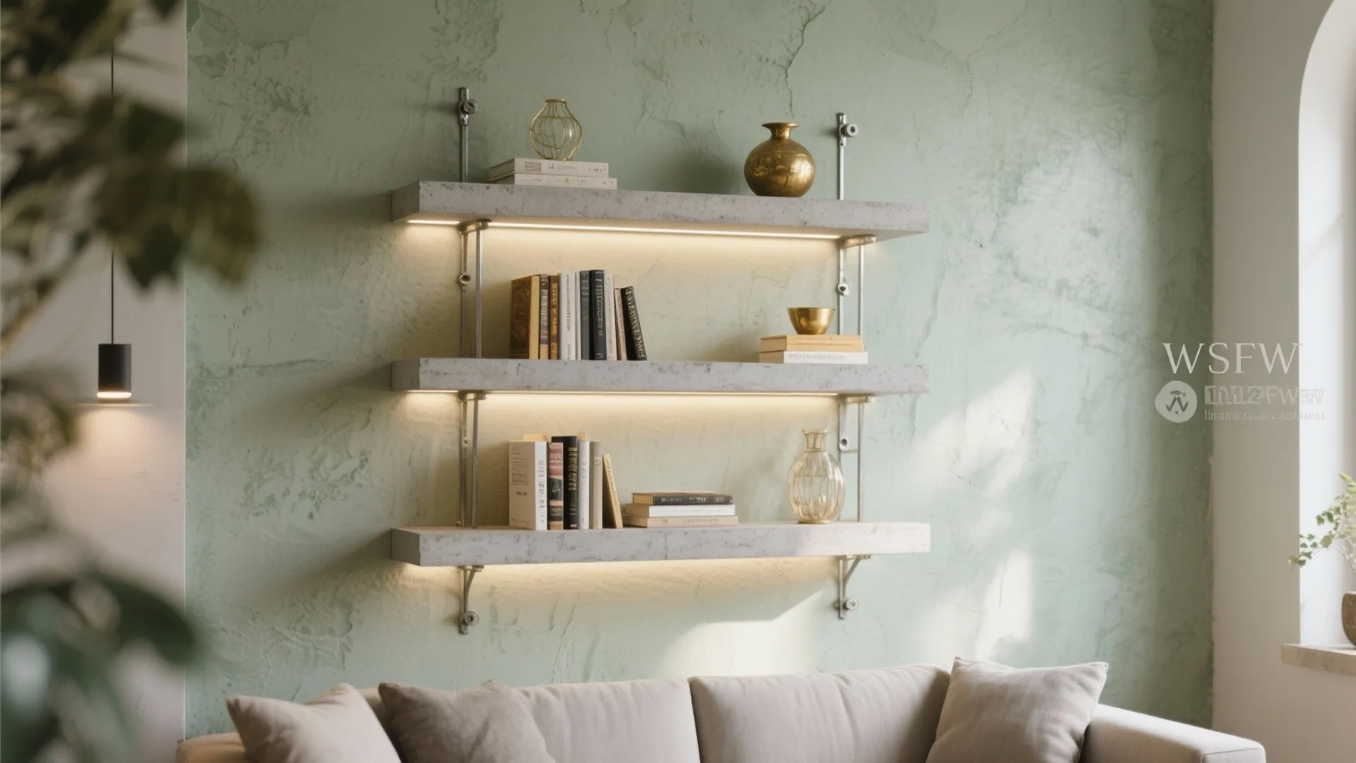 Industrial wall shelves with under cabinet lights holding books and vases on a green textured wall