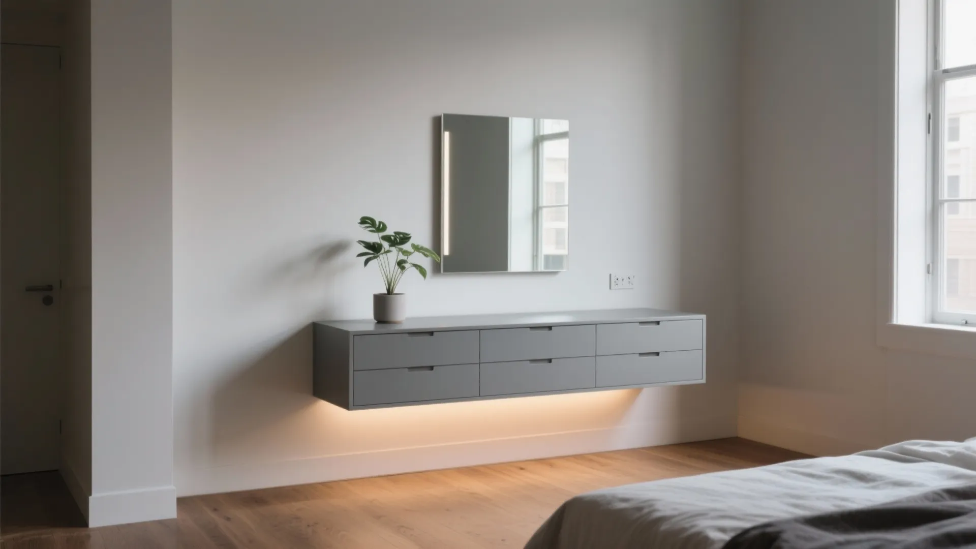 Modern gray floating cabinet with drawers under square mirror and small green plant in bedroom