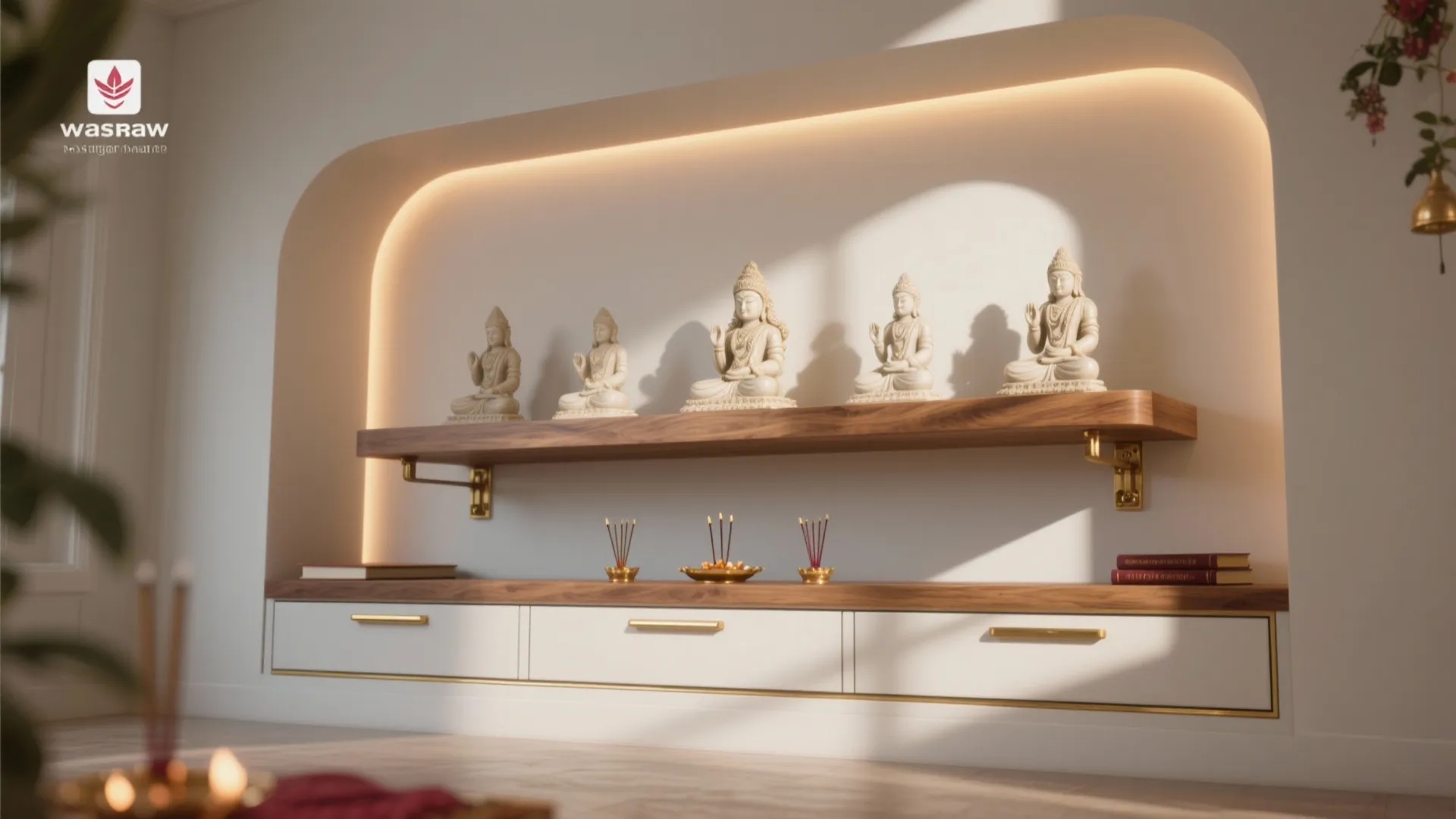 2. Floating POP Mandir Shelf + Hidden Storage