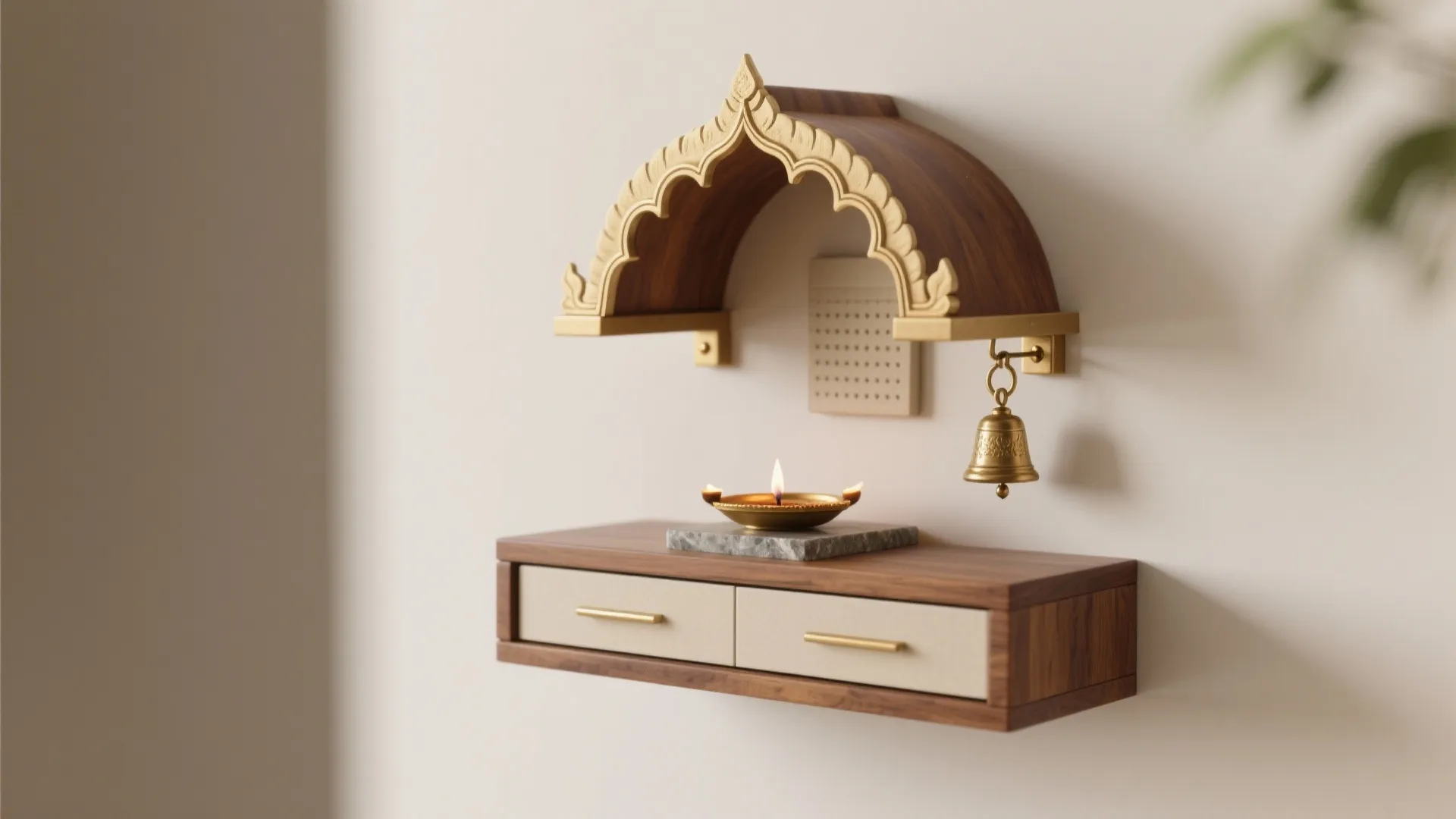 4) Floating Mandir Shelf with Canopy and Drawers