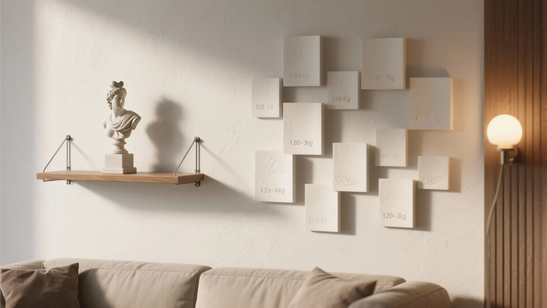 Living room wall with wooden shelf holding a bust statue next to square art panels