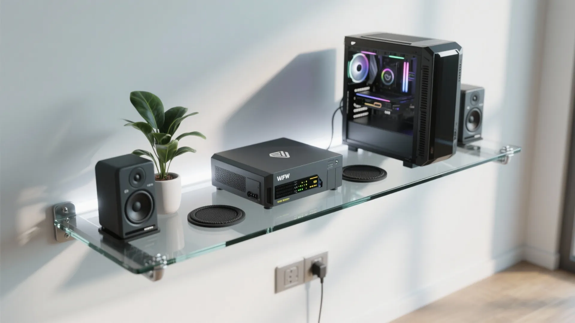 Glass floating shelf on white wall with speakers a small green plant and computer box