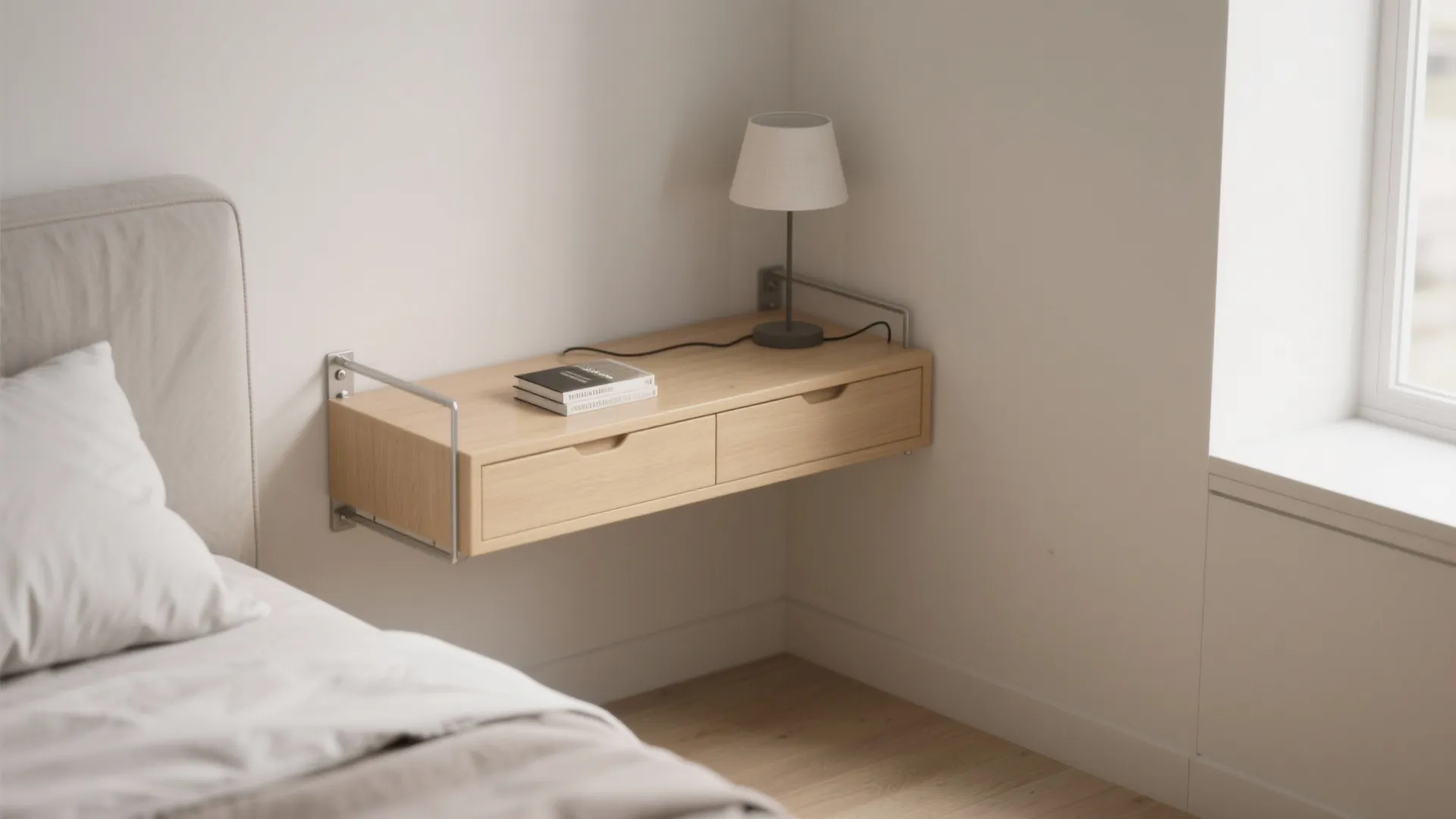 Minimalist wall mounted wooden bedside cabinet with drawers and small table lamp in a bright room