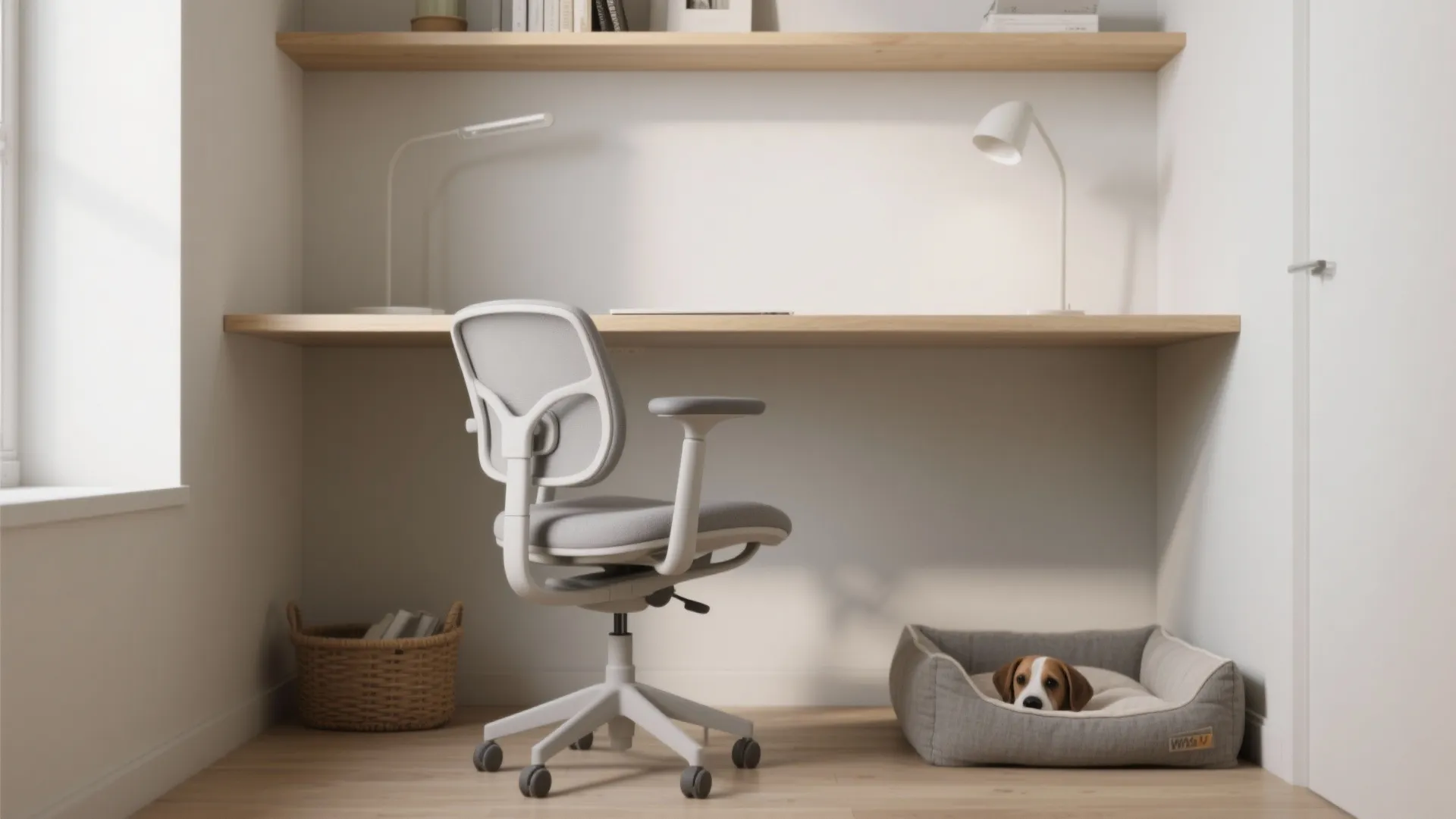 5. Floating shelf desk + compact ergonomic chair