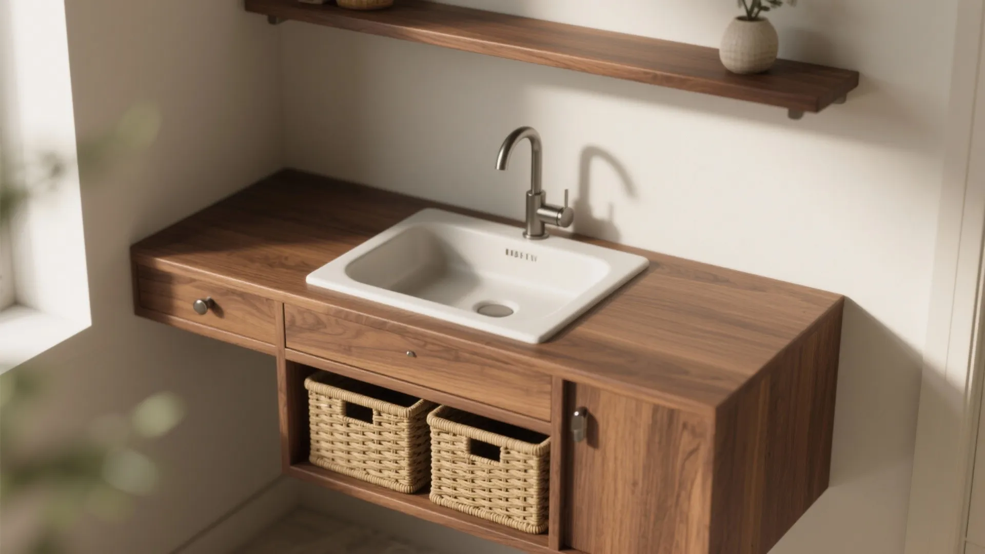 Modern wood bathroom cabinet with white sink silver tap woven baskets and a floating shelf