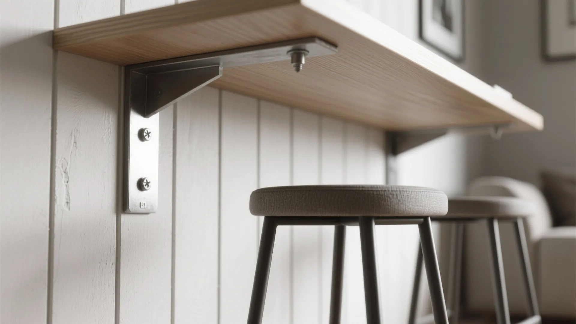 5. Floating Shelf Table with Two Stools for Ultra-Compact Living