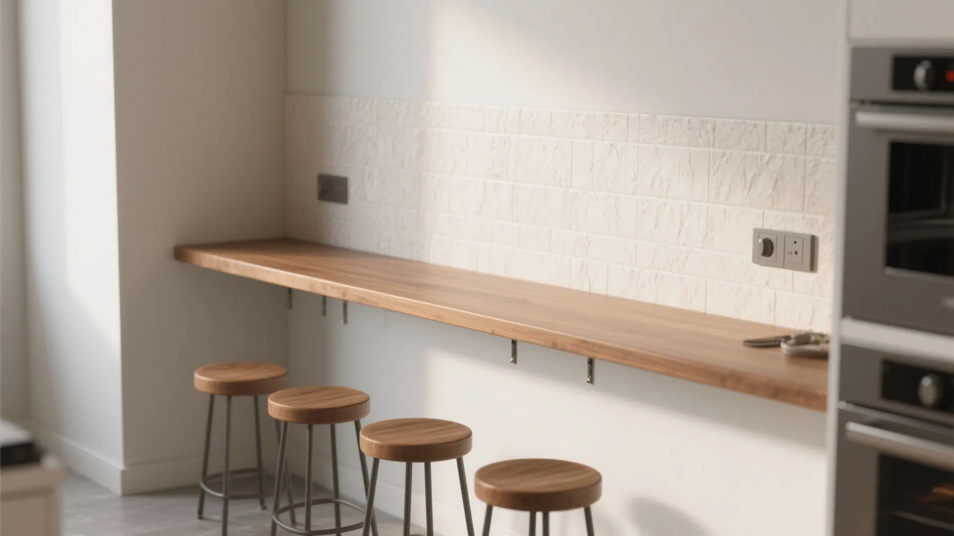 Long wooden bar counter attached to white wall panel with four round wooden stools underneath