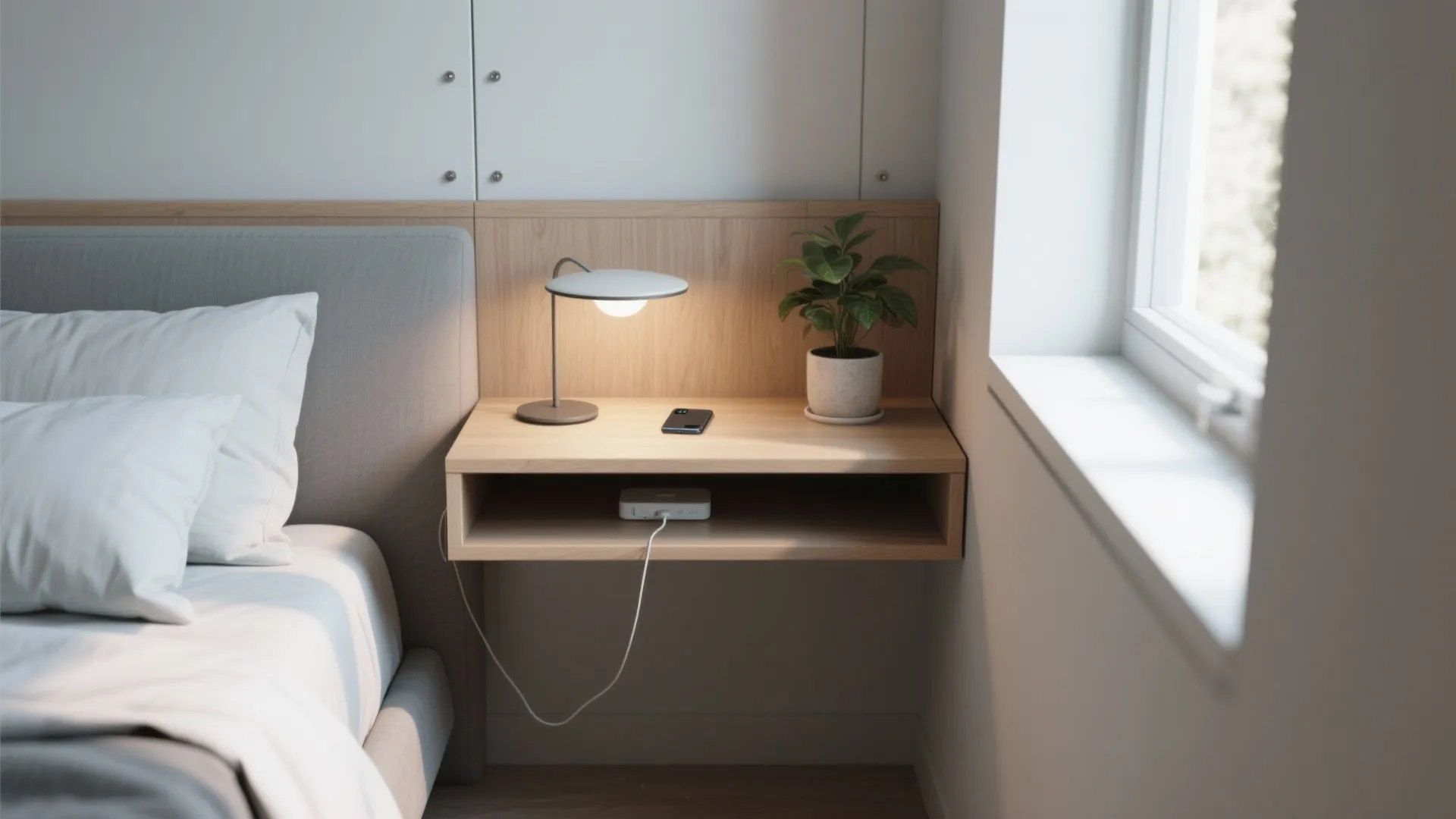 Wooden floating bedside table with small desk lamp and green plant next to a bed