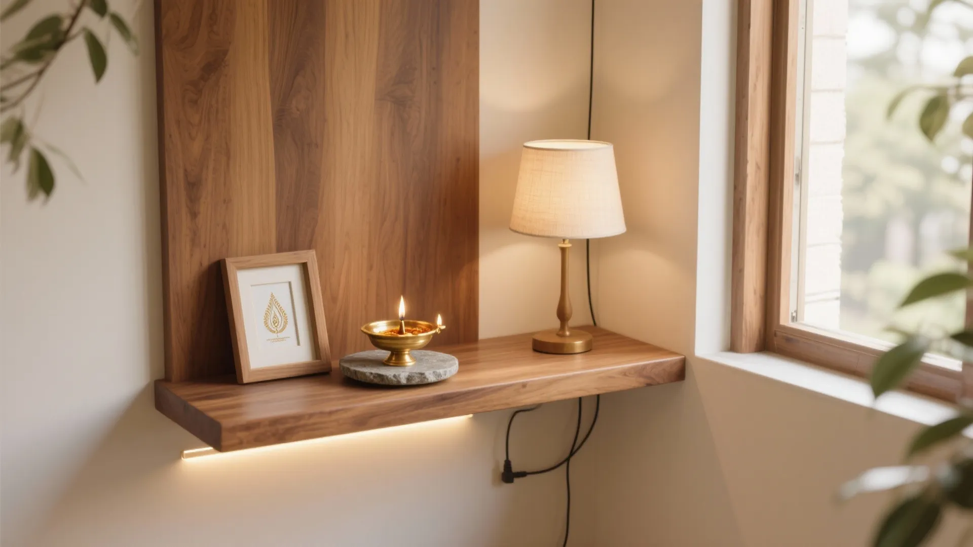 Wooden floating shelf with table lamp picture frame and small oil lamp near a window