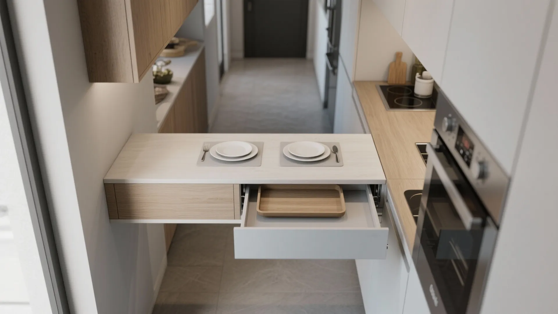 Modern kitchen with pull-out wooden dining table and open drawer showing clever space saving design