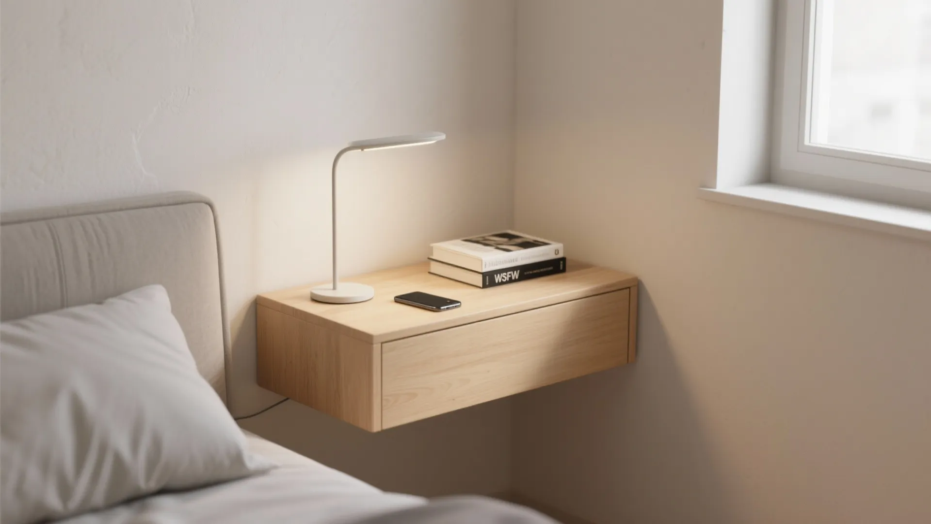 Wooden floating bedside drawer with a white desk lamp phone and books in a bedroom