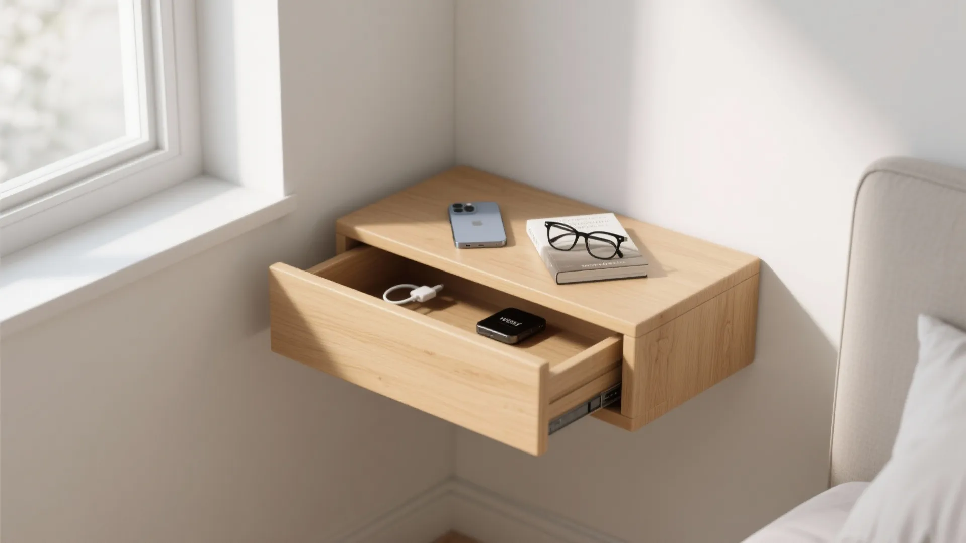 Slim floating bedside shelf with a shallow hidden drawer holding a phone and glasses against a light painted wall.