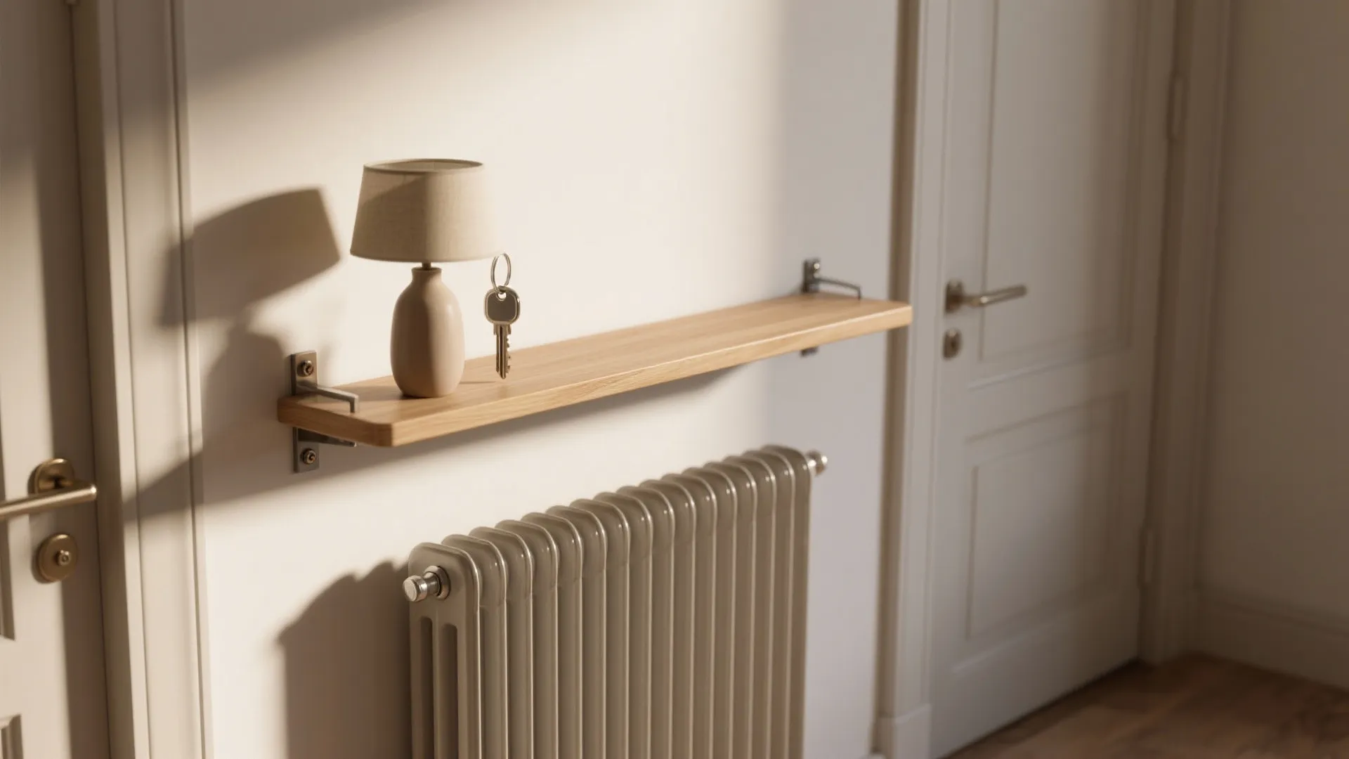 Wooden floating shelf mounted on white wall with small lamp keys and radiator underneath room
