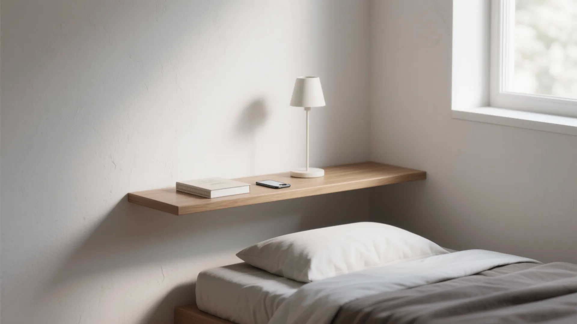 Minimal floating oak shelf beside bed with a small lamp and phone, installed at mattress height in a bright neutral bedroom.