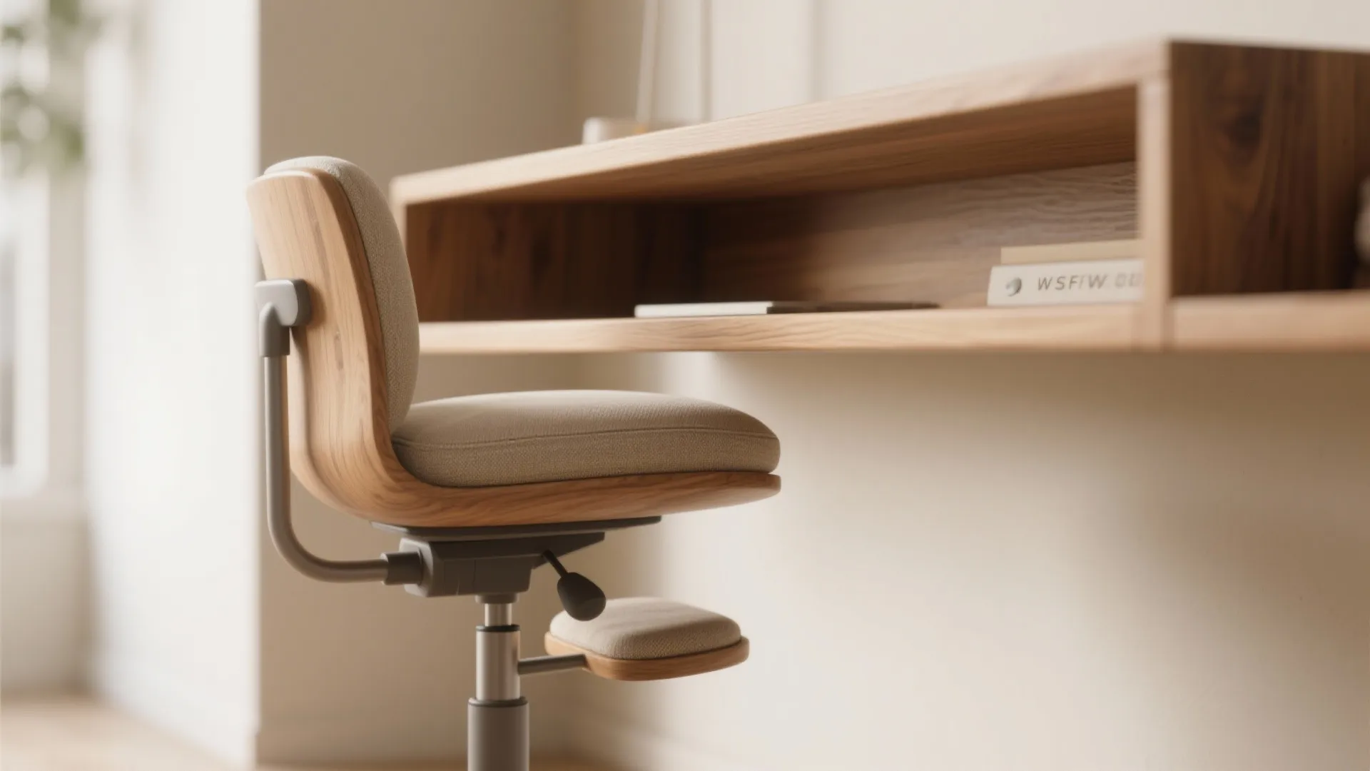 Deep floating wood shelf desk with an adjustable ergonomic stool, lumbar cushion and footrest