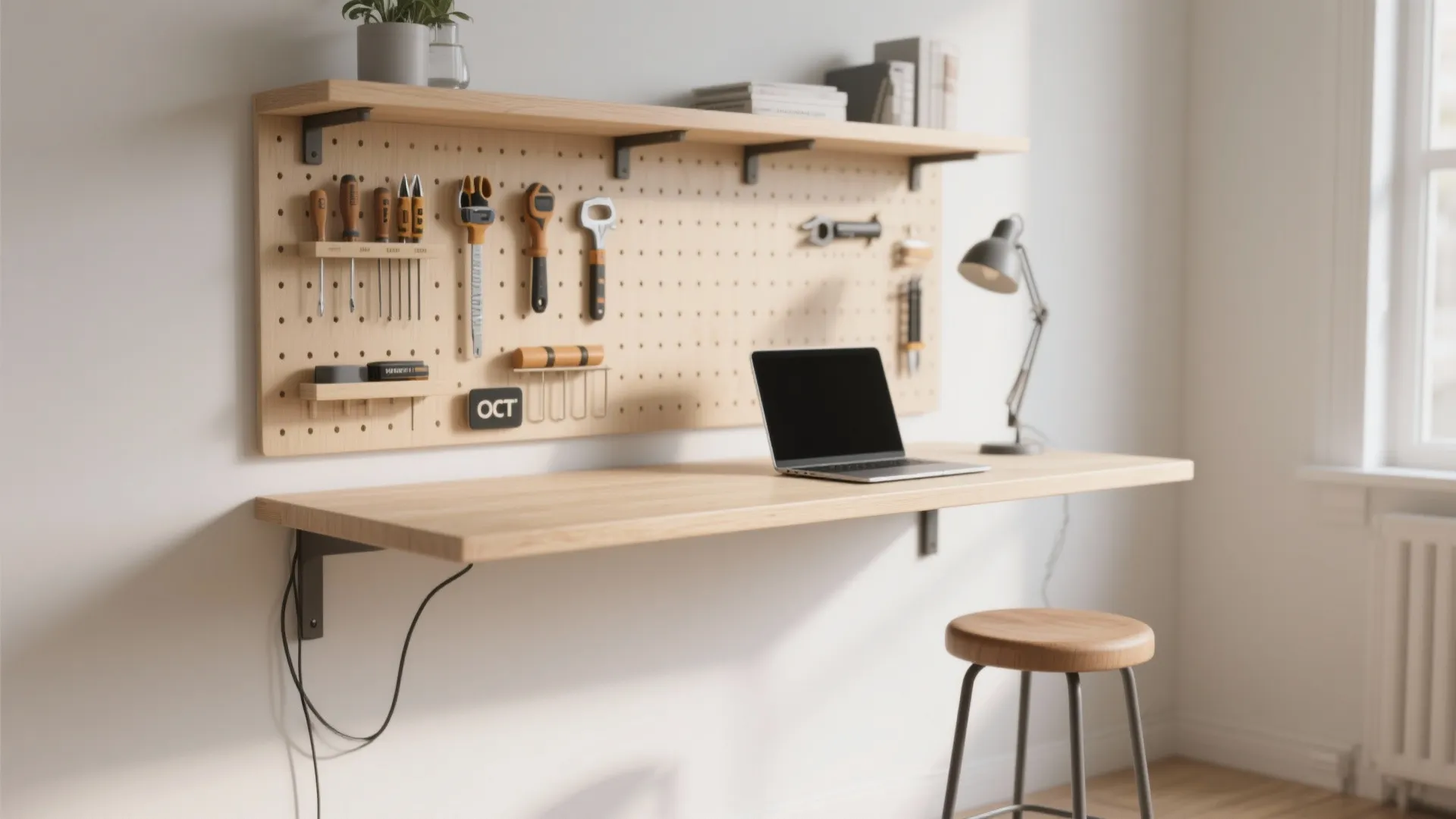 3. Floating shelves that double as desk