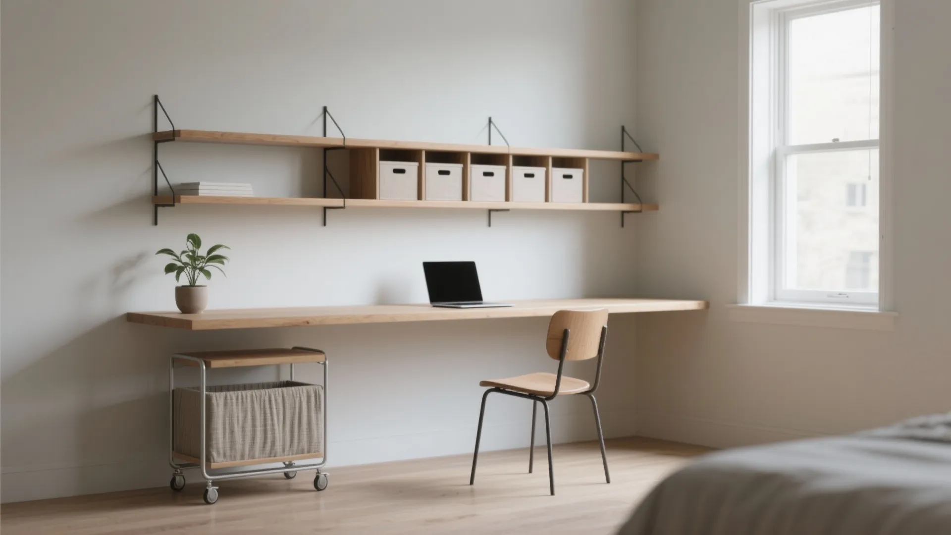 1. Floating shelf desk — lean, light, and surprisingly roomy