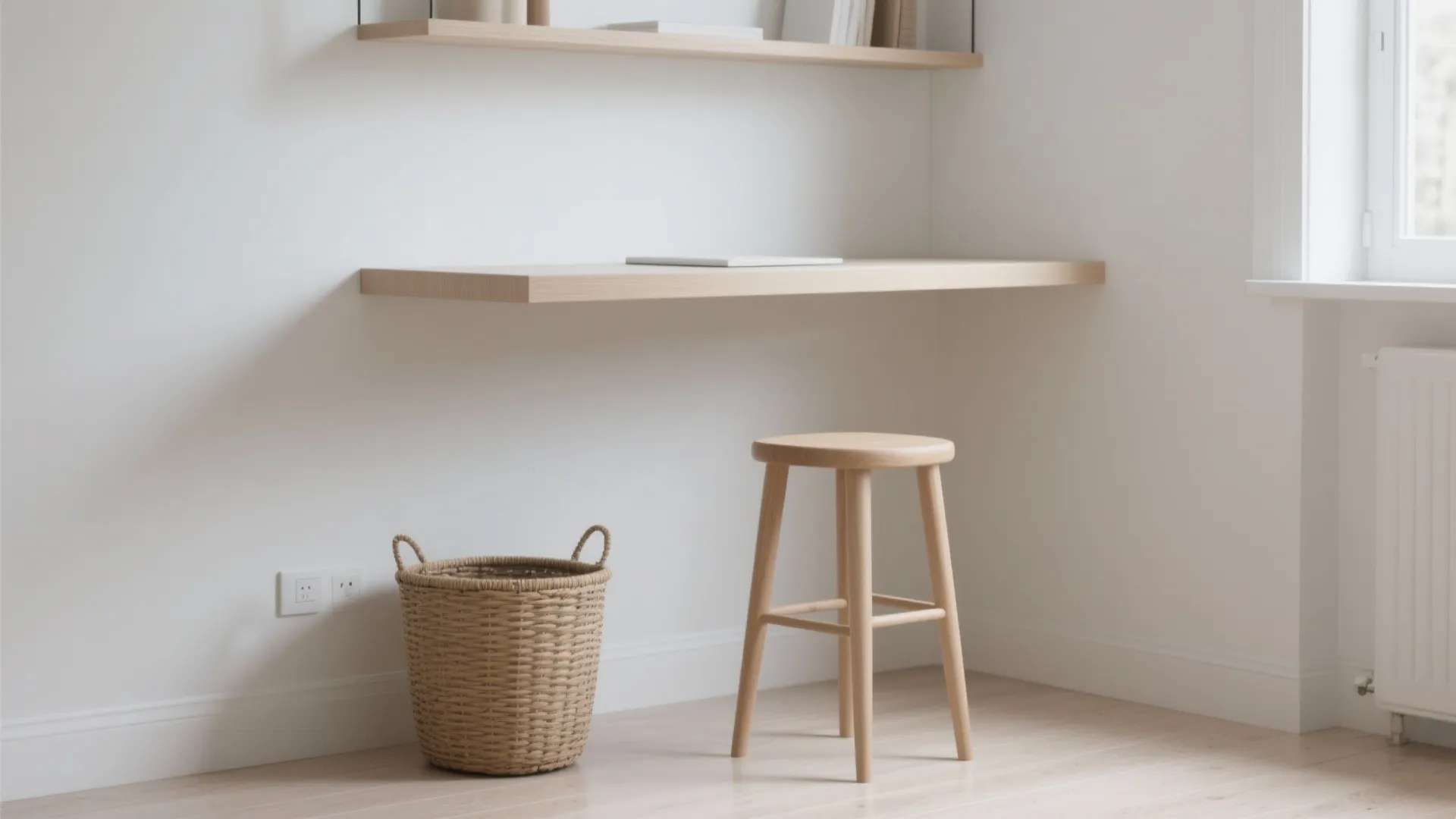 Minimalist wooden floating desk and shelf with stool and woven basket in a white room