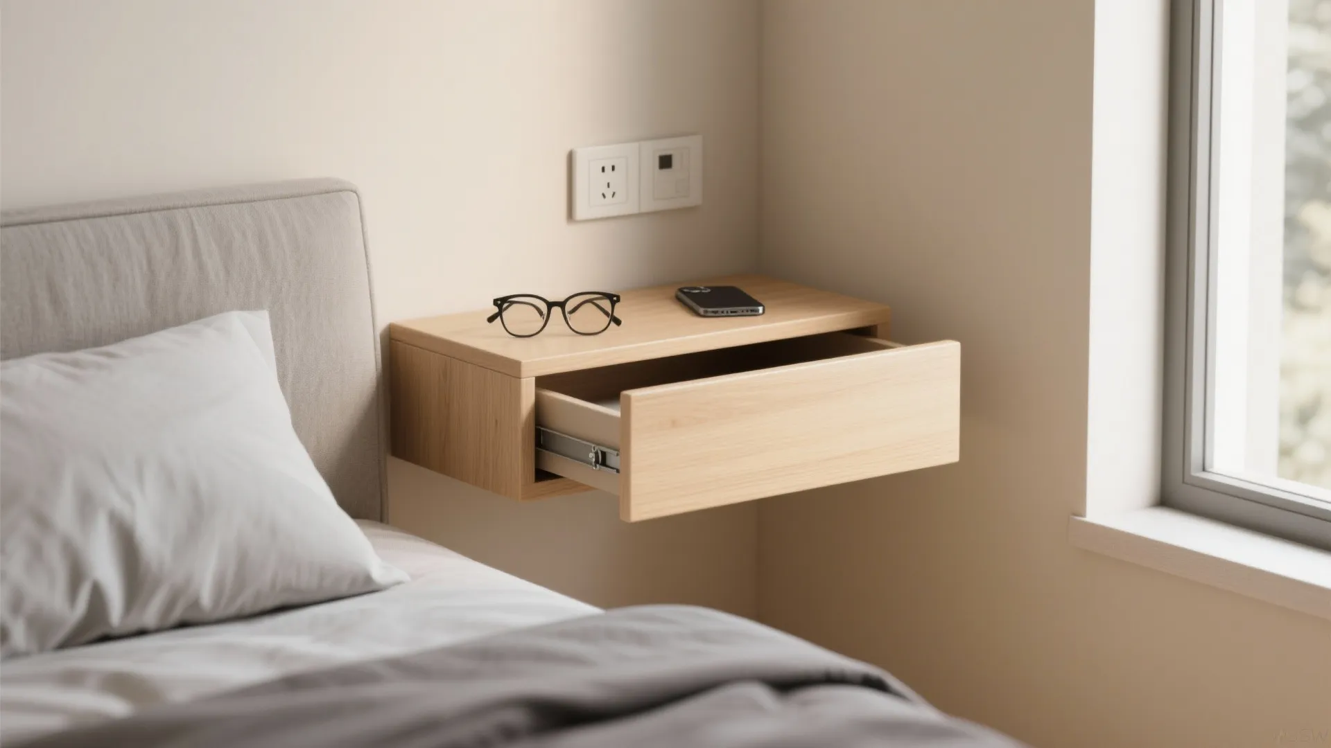 1. Floating shelf with hidden drawer
