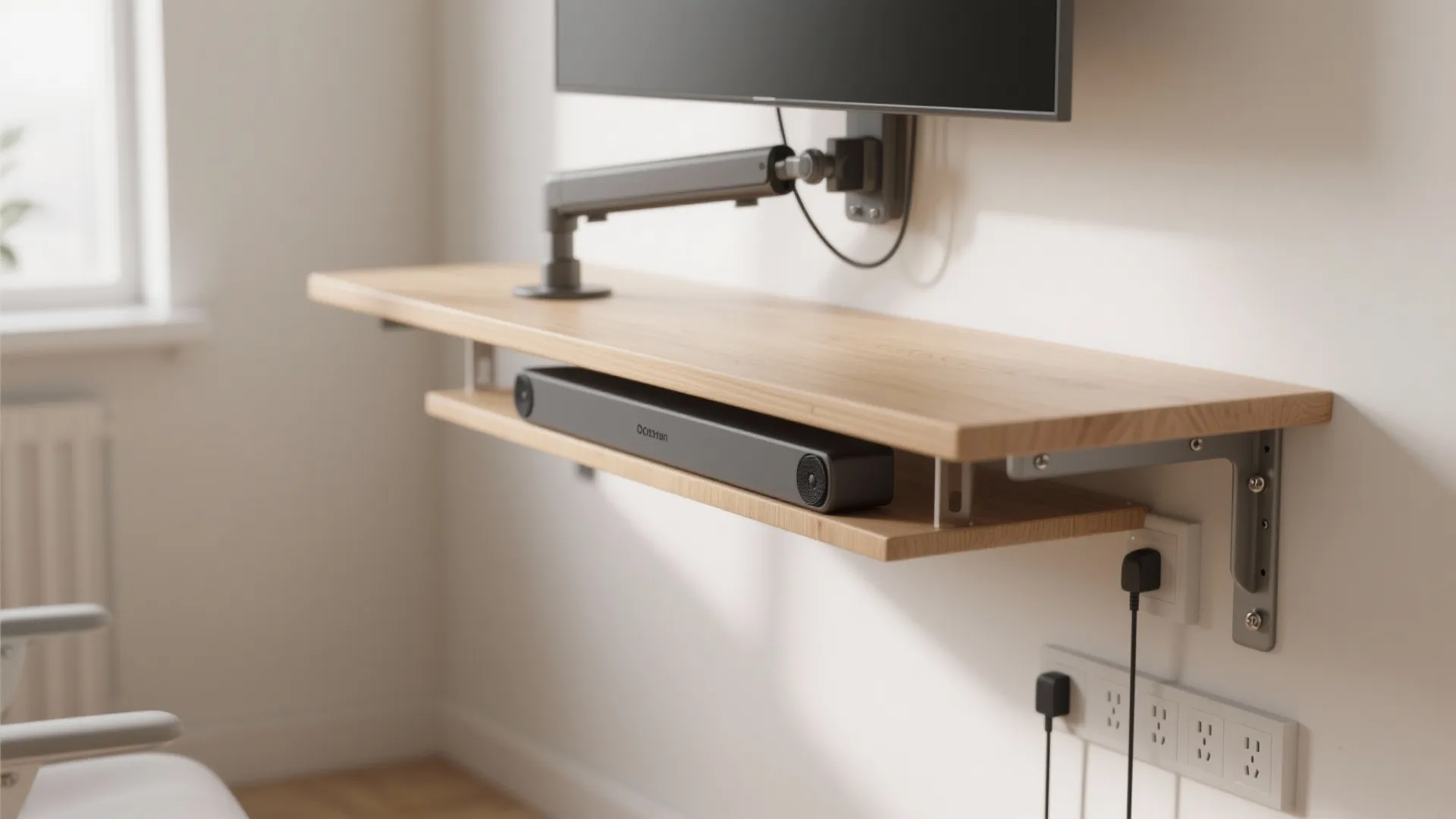 4. Floating shelf desk with monitor arm and under-shelf mounts