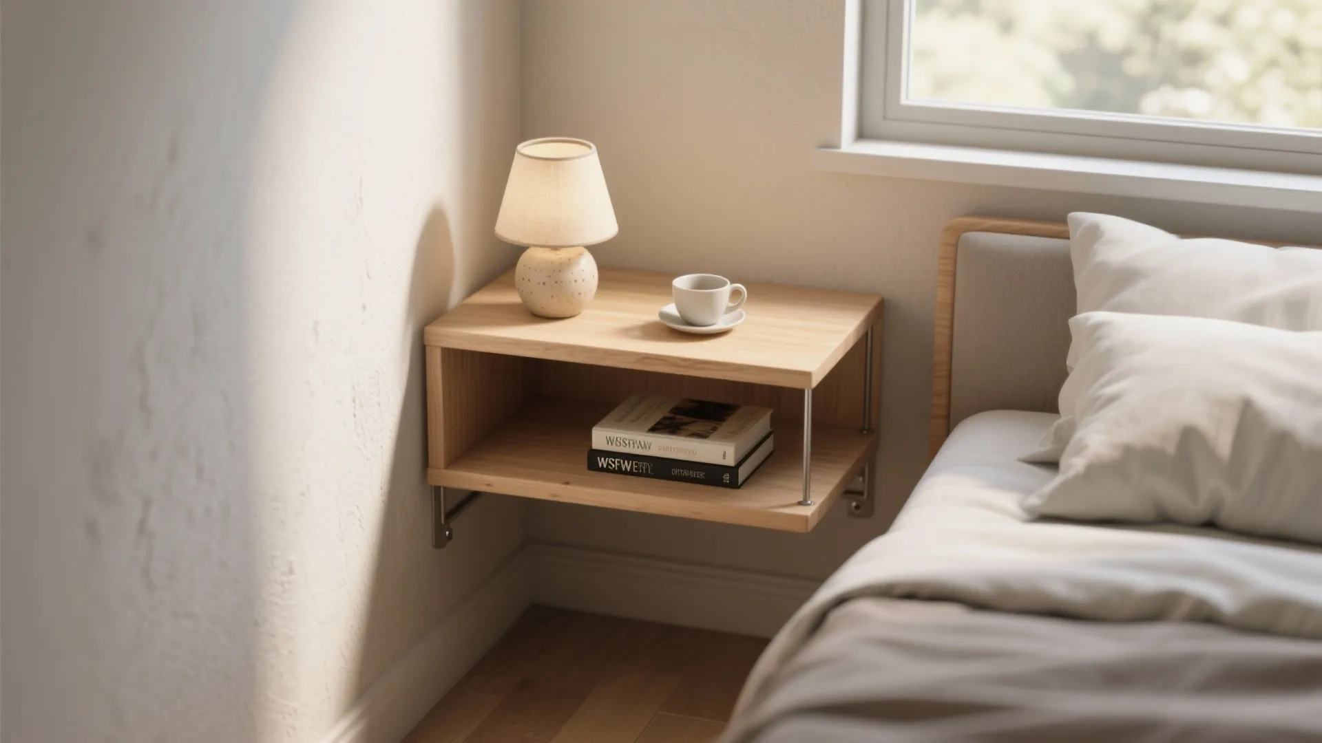 Wooden floating bedside table with a small lamp and cup next to a cozy bed