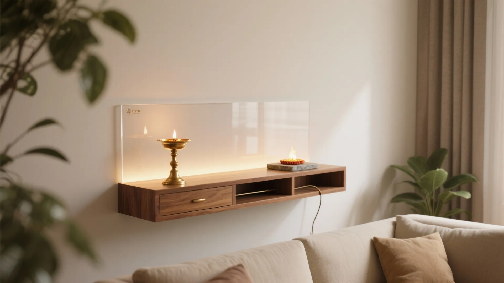1) Minimalist Floating Pooja Shelf With Backlit Panel