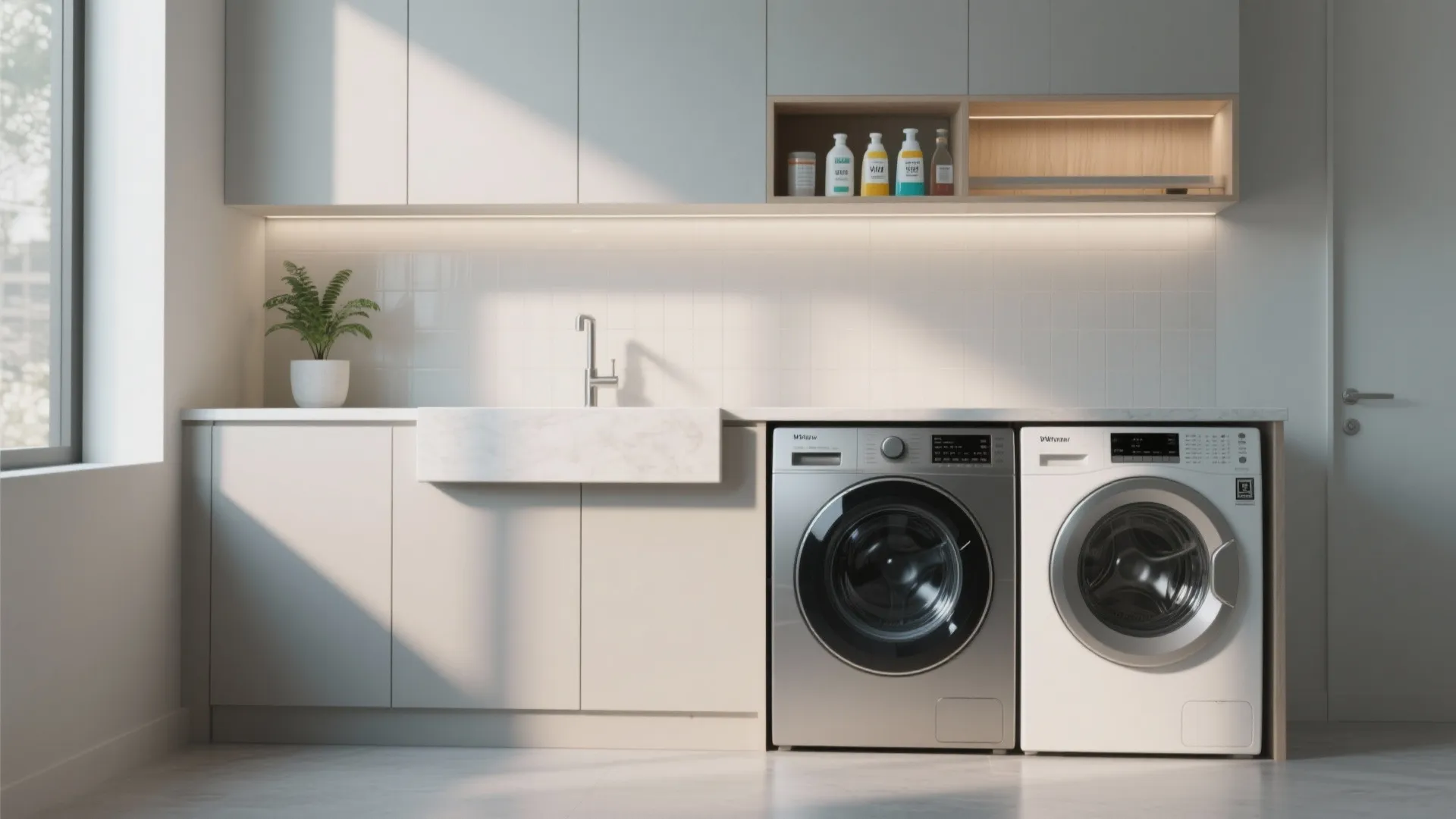 3. Over-Washer Shelf with Floating Counter and Backsplash