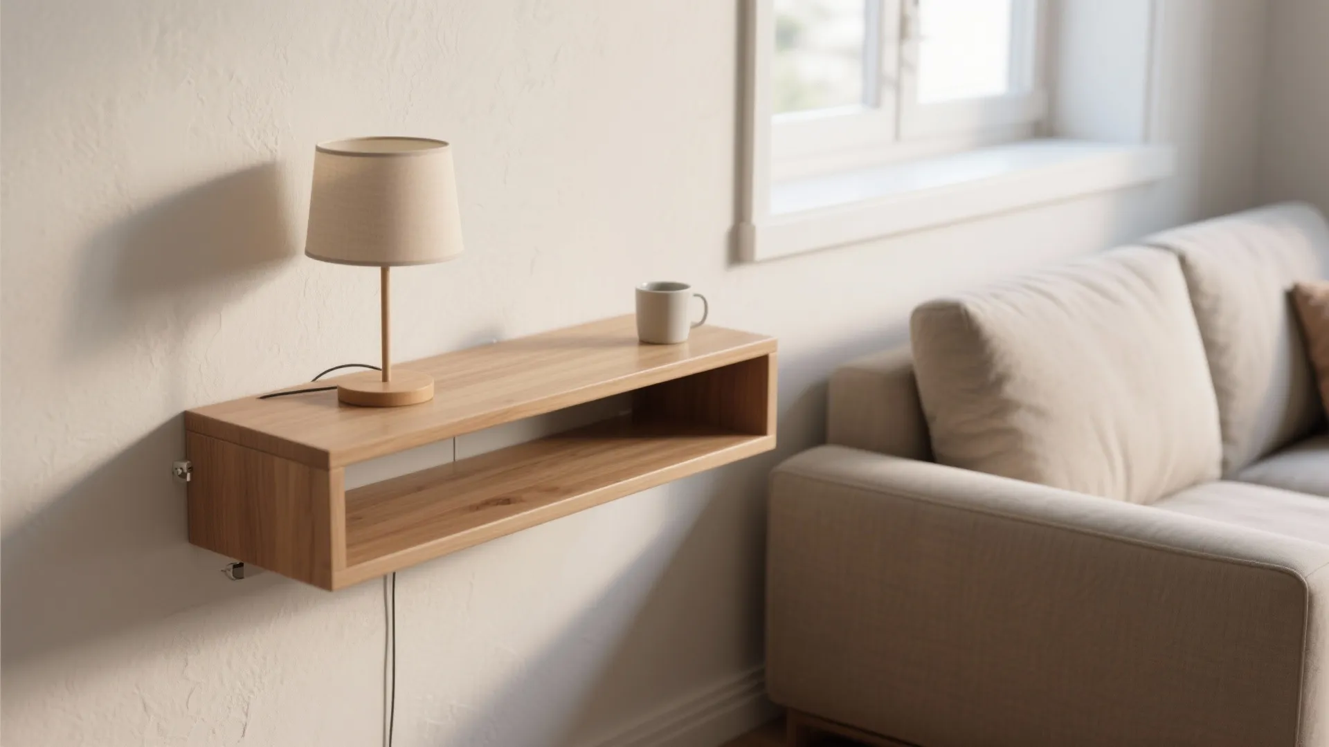 Wooden floating shelf with small table lamp and white mug next to a beige sofa
