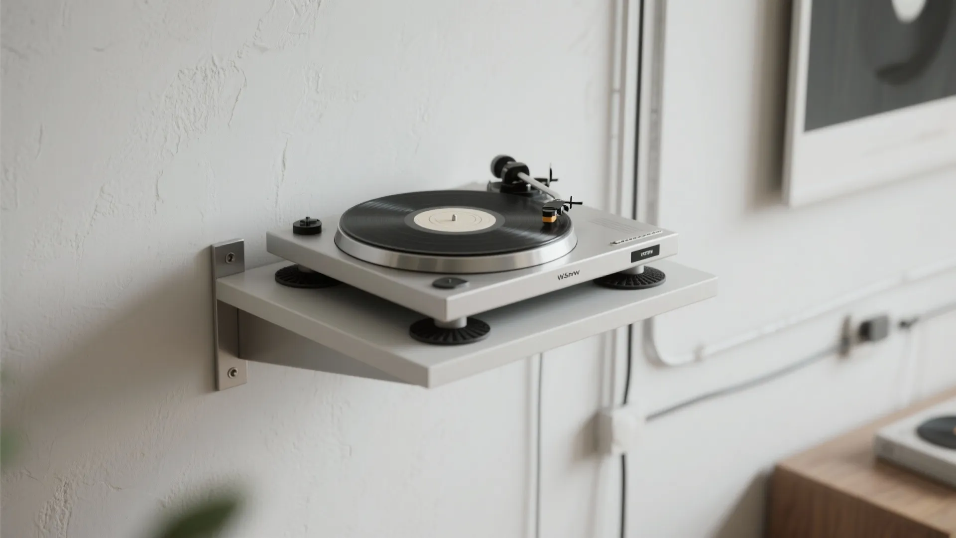 Minimalist white record player sitting on a floating shelf mounted on a plain white wall
