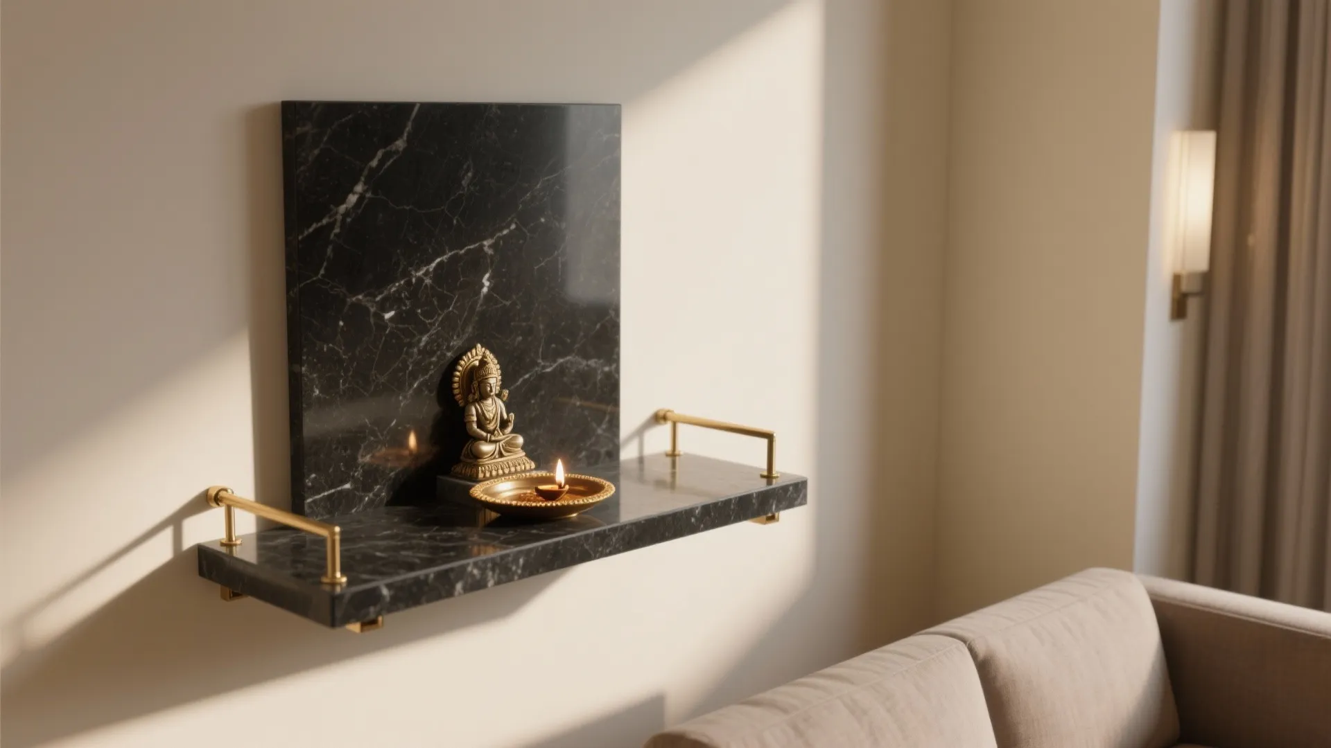 Black marble floating shelf with small golden statue and light on a minimalist beige wall