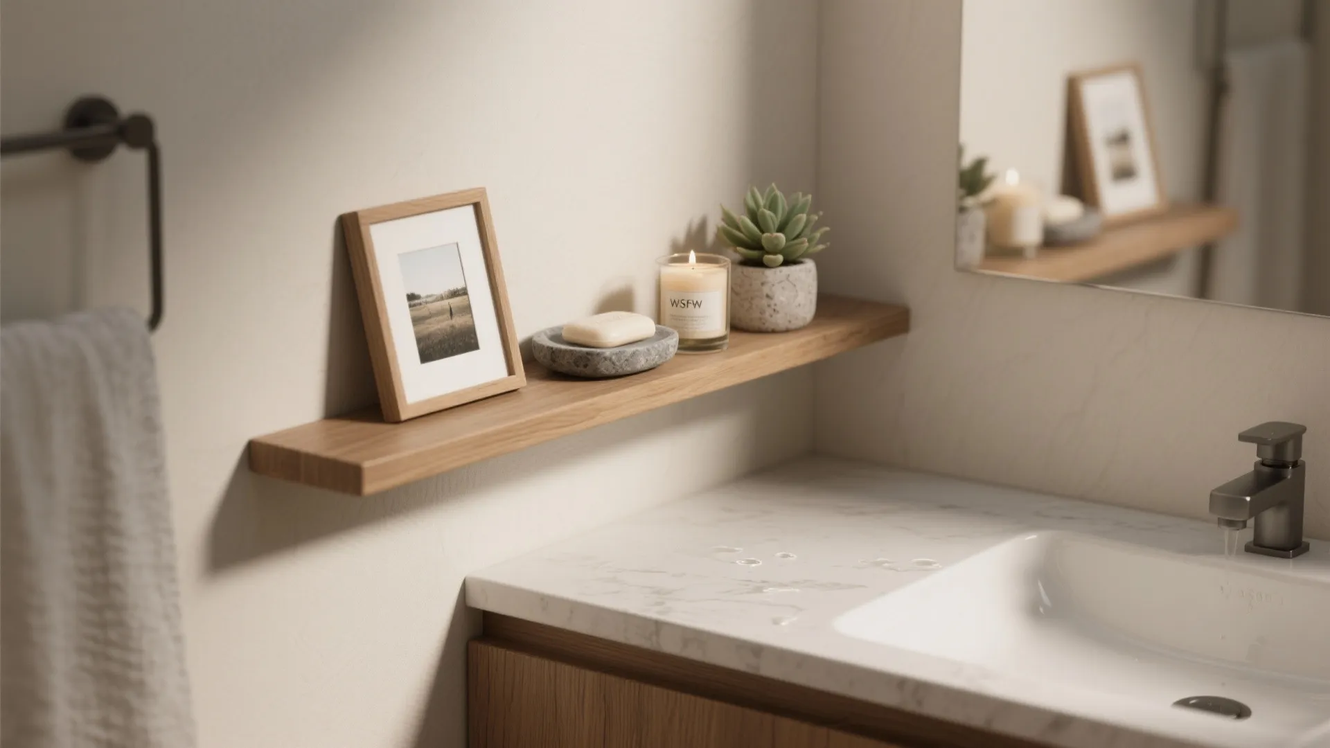 Wooden wall shelf holding a picture frame, candle, soap, and small plant in a bathroom