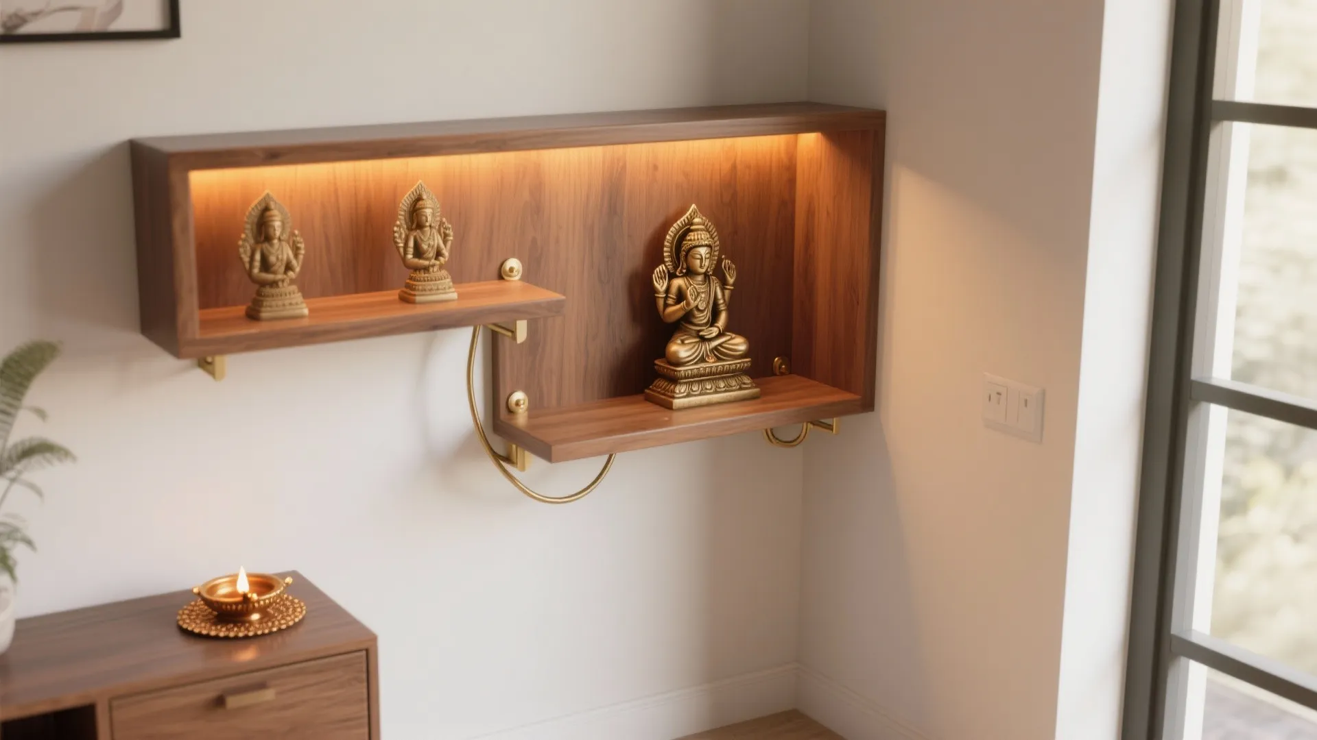 Wooden wall shelf with warm lighting displaying three golden statues in a bright white room