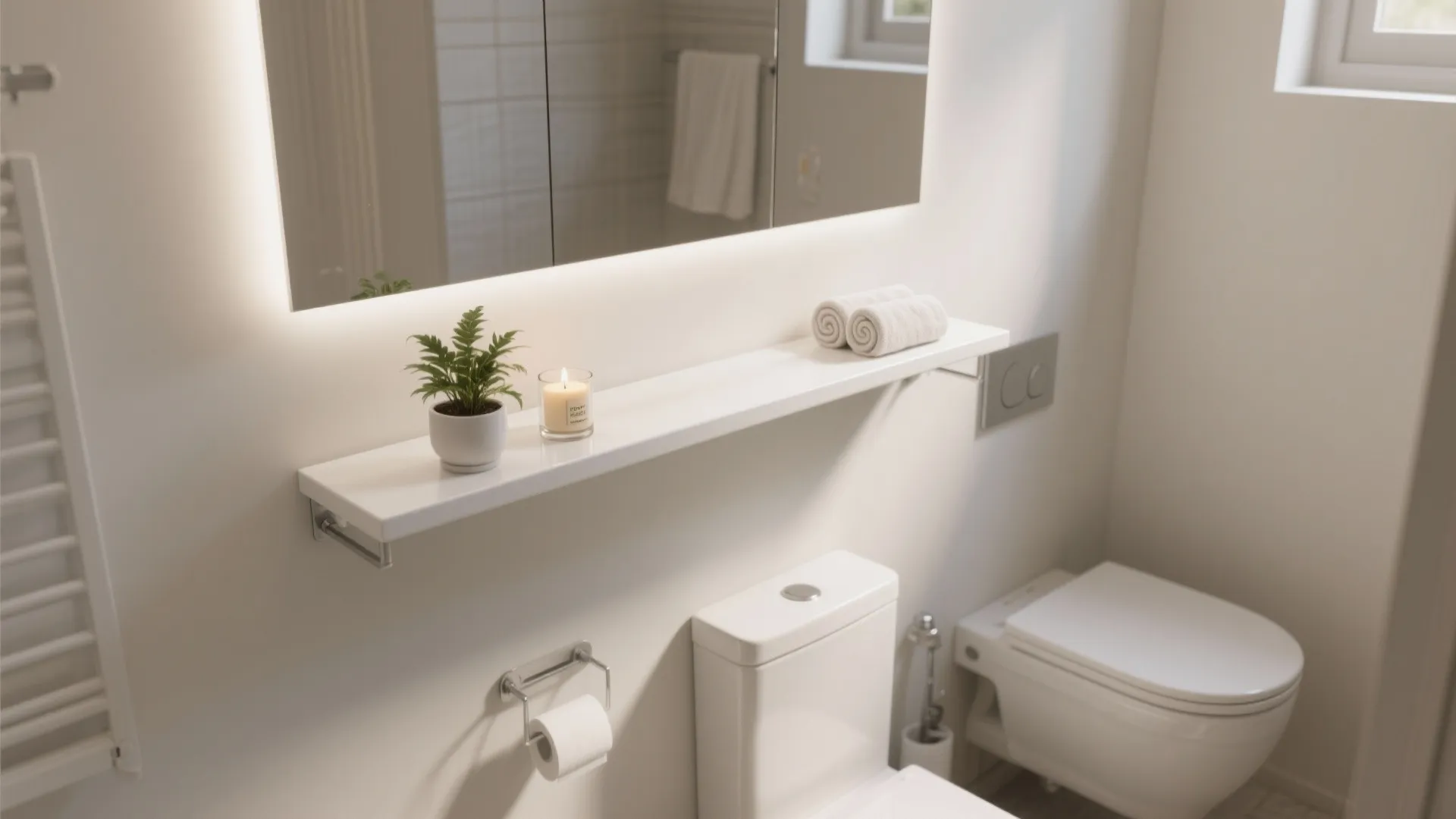 Slim white floating shelf with hidden brackets holding plant and towel over a toilet.