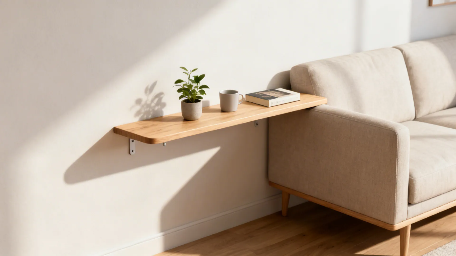 Slim floating wall-mounted side shelf at sofa-arm height with plant and book, floor clear below.