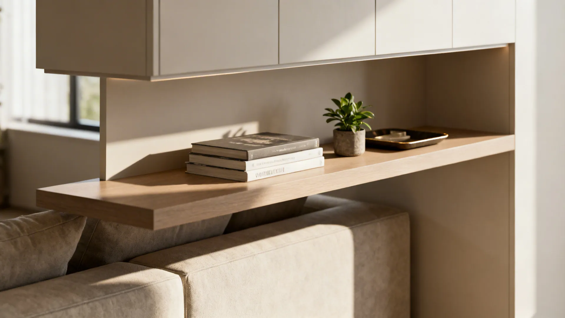 Close detail of a floating shelf in front of a sofa styled with books and a plant.