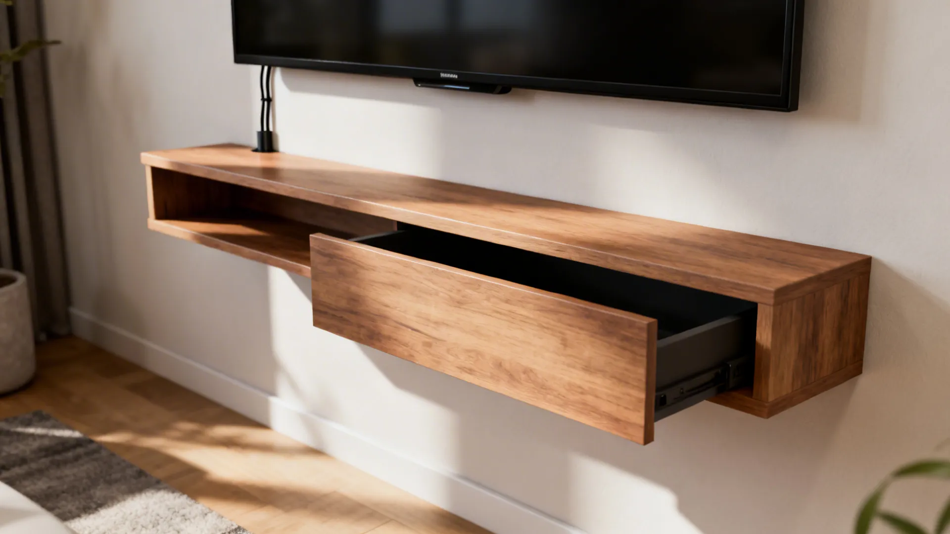 Floating TV shelf with a concealed drawer and neat cable channel