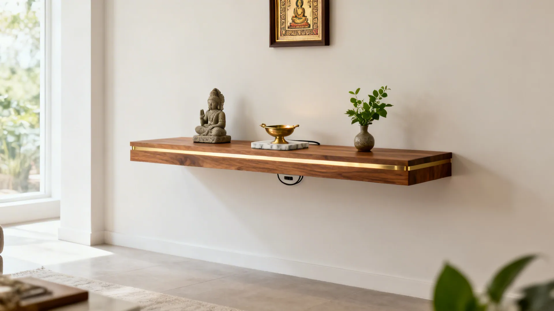 Minimalist floating oak shelf with brass lip used as a small altar on a pale living room wall.