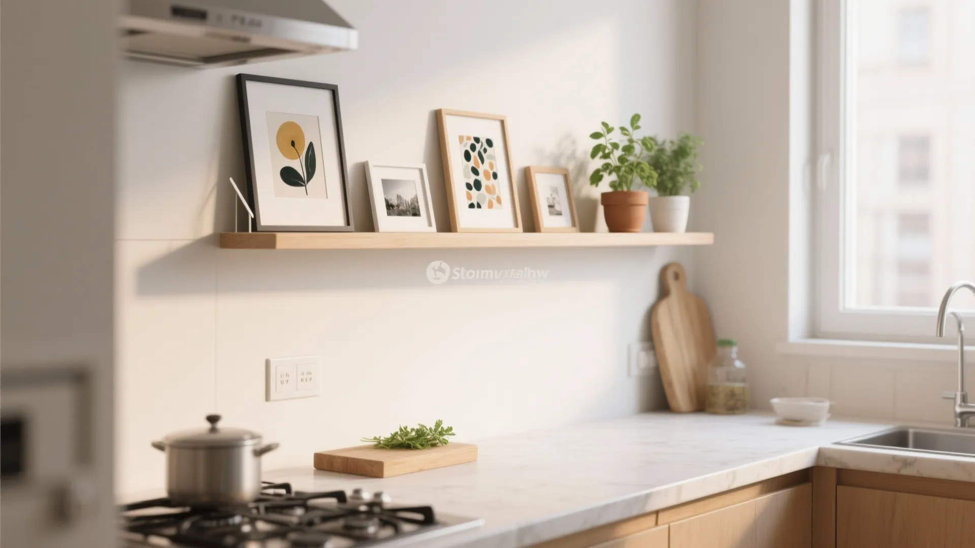 Wooden floating shelf above a kitchen counter holding framed art prints and small potted plants