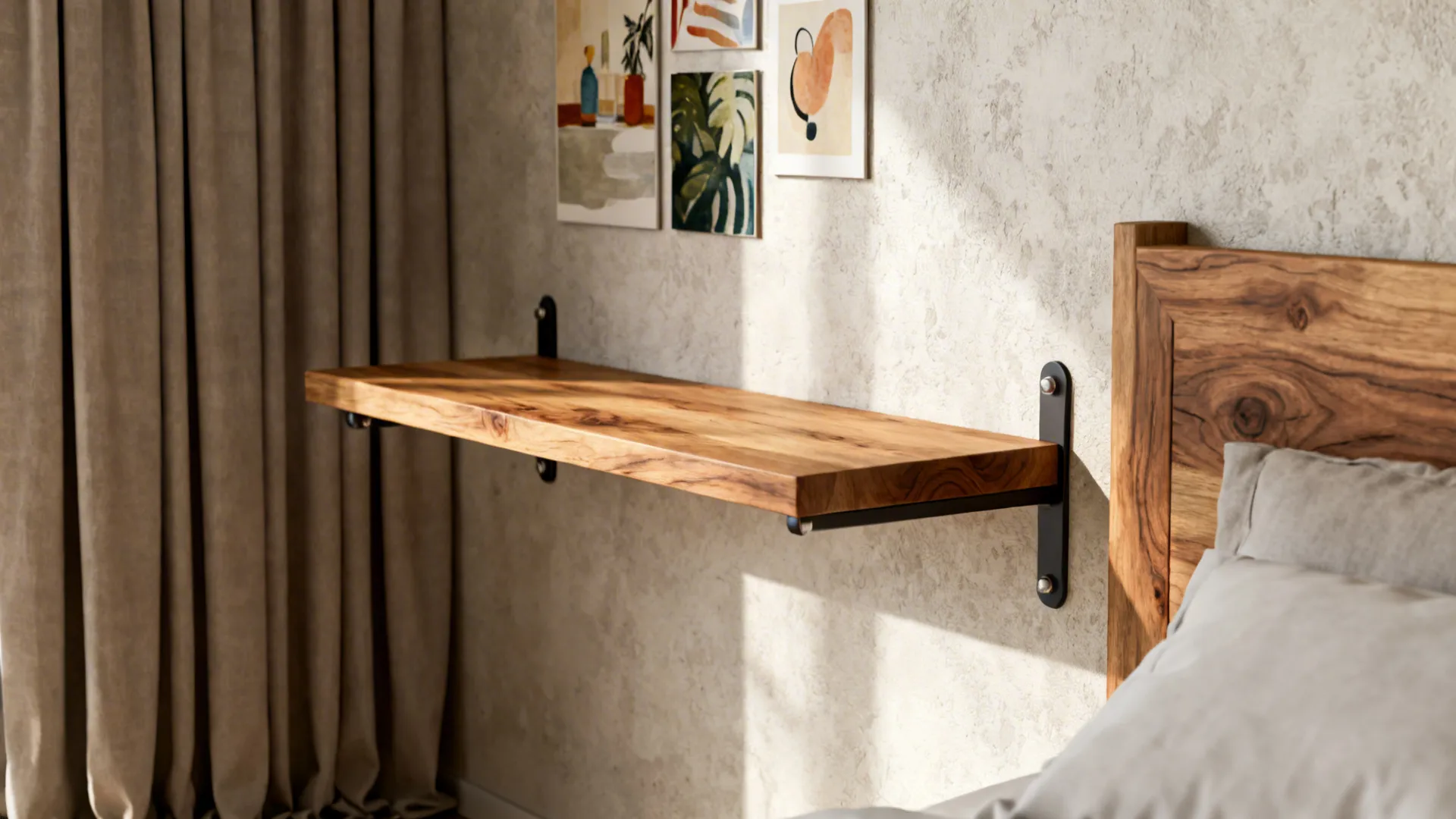 Asymmetric bedside floating shelf balanced against curtain hardware and art cluster