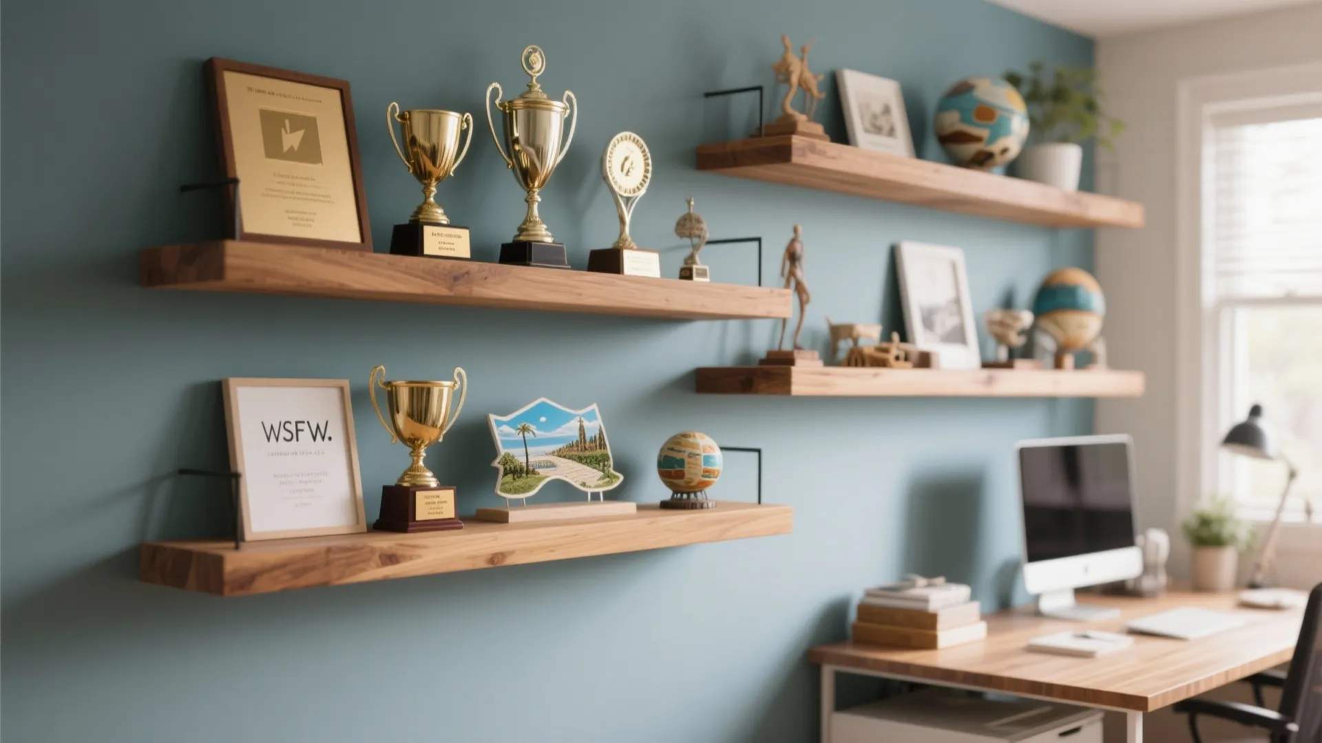 Wooden floating shelves on blue wall displaying gold trophies framed awards and multiple small globes