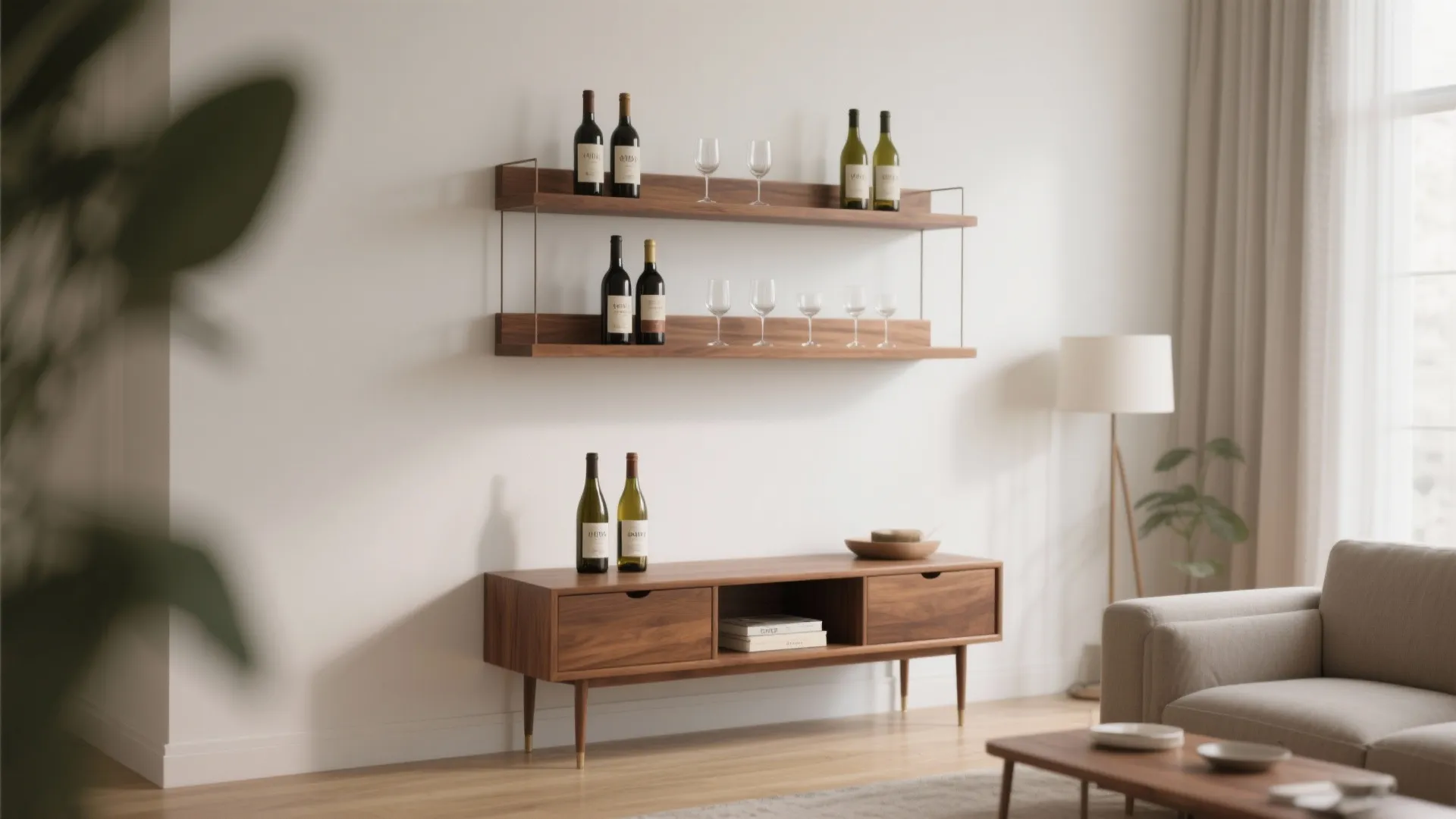 Floating walnut shelves used as a bar display in a small living space