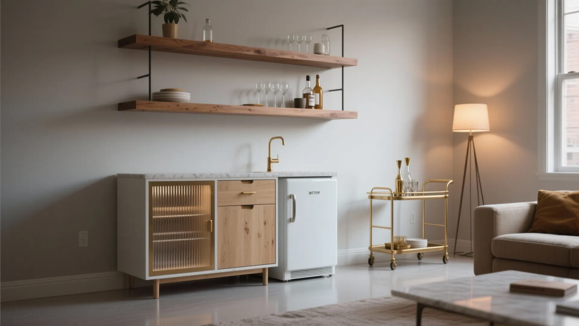 Floating Shelves + Compact Cabinet or Cart (Small But Mighty)